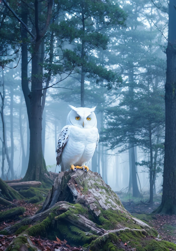 white owl, forest, ultra realistic, mysterious atmosphere,kinematic light