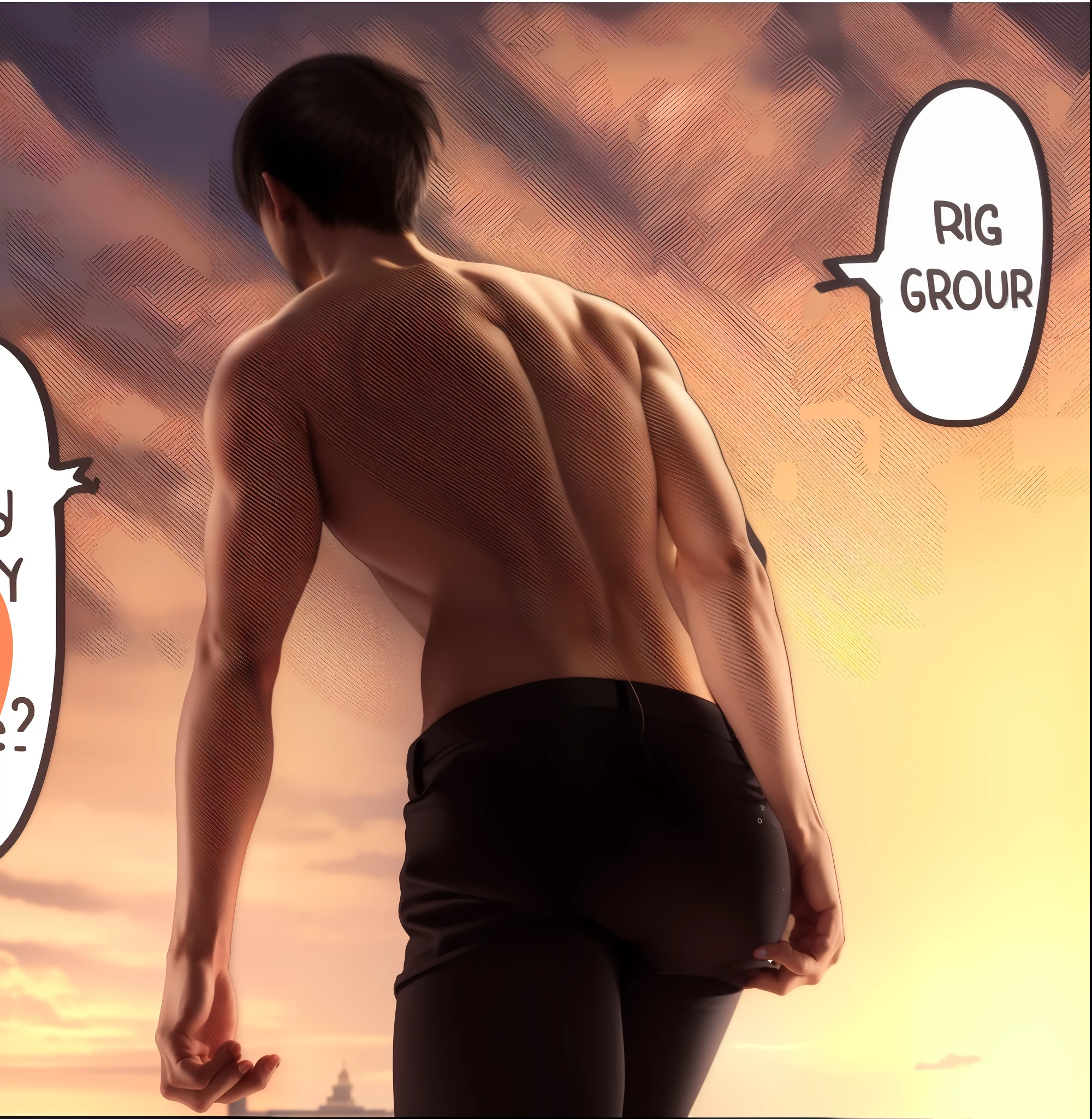 best quality, masterpiece, (realistic: 1.2), 1 man, Eren Jaeger, real life, live action, black jeans, black pants, brown hair, attack on Titan, long hair, abs, muscle, shirtless, sunset background, black jacket, fitness, fit body, slim body, high definition, high quality, serious look, back muscles, walking