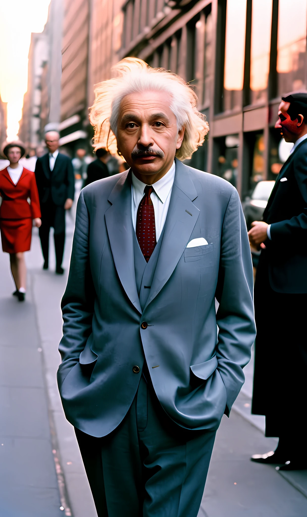 1960s street style photo of Einstein in Soho New York, wearing Giorgio Armani yellow suit, sunset, shot on Agfa Vista 200, 4k.