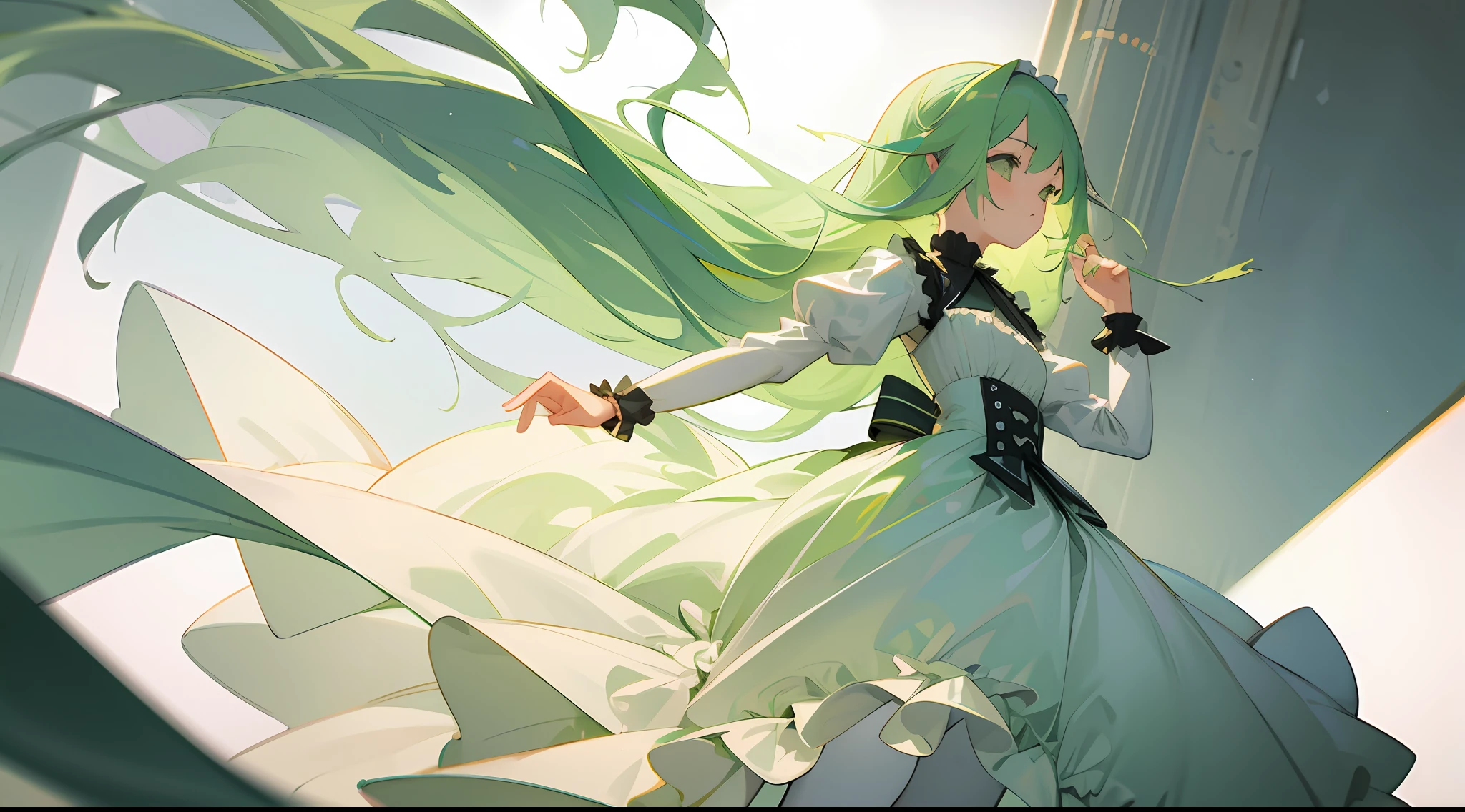(masterpiece, best quality:1.3), 1girl, light green hair, sad, mature, white frilly dress, leggings, long hair