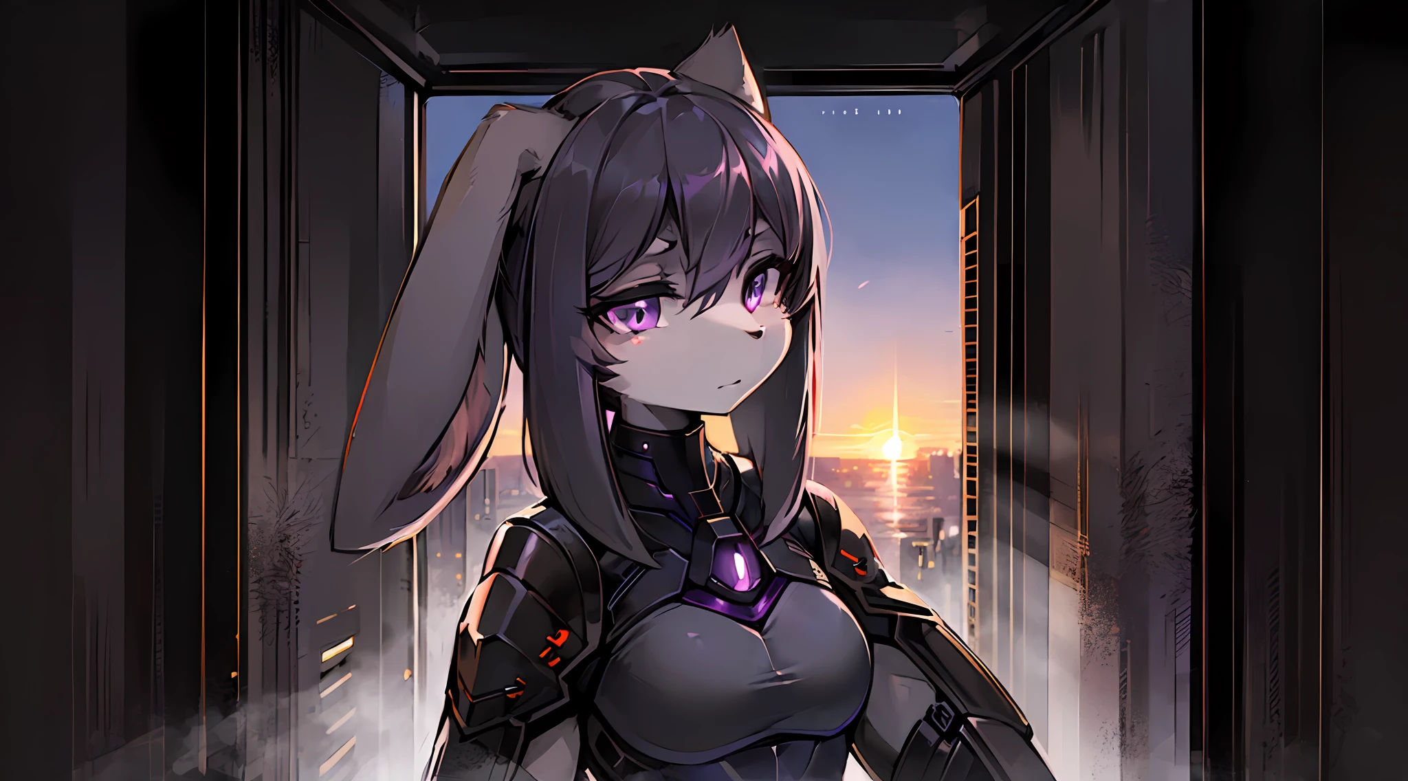1girl, mature furry female, two-toned dark grey and light grey body fur, short black hair, purple ringed eyes, modern body armor, ((long floppy ears)), looking at the viewer, emotionless, solo, ((close up of upper body)), sunset in a futuristic city