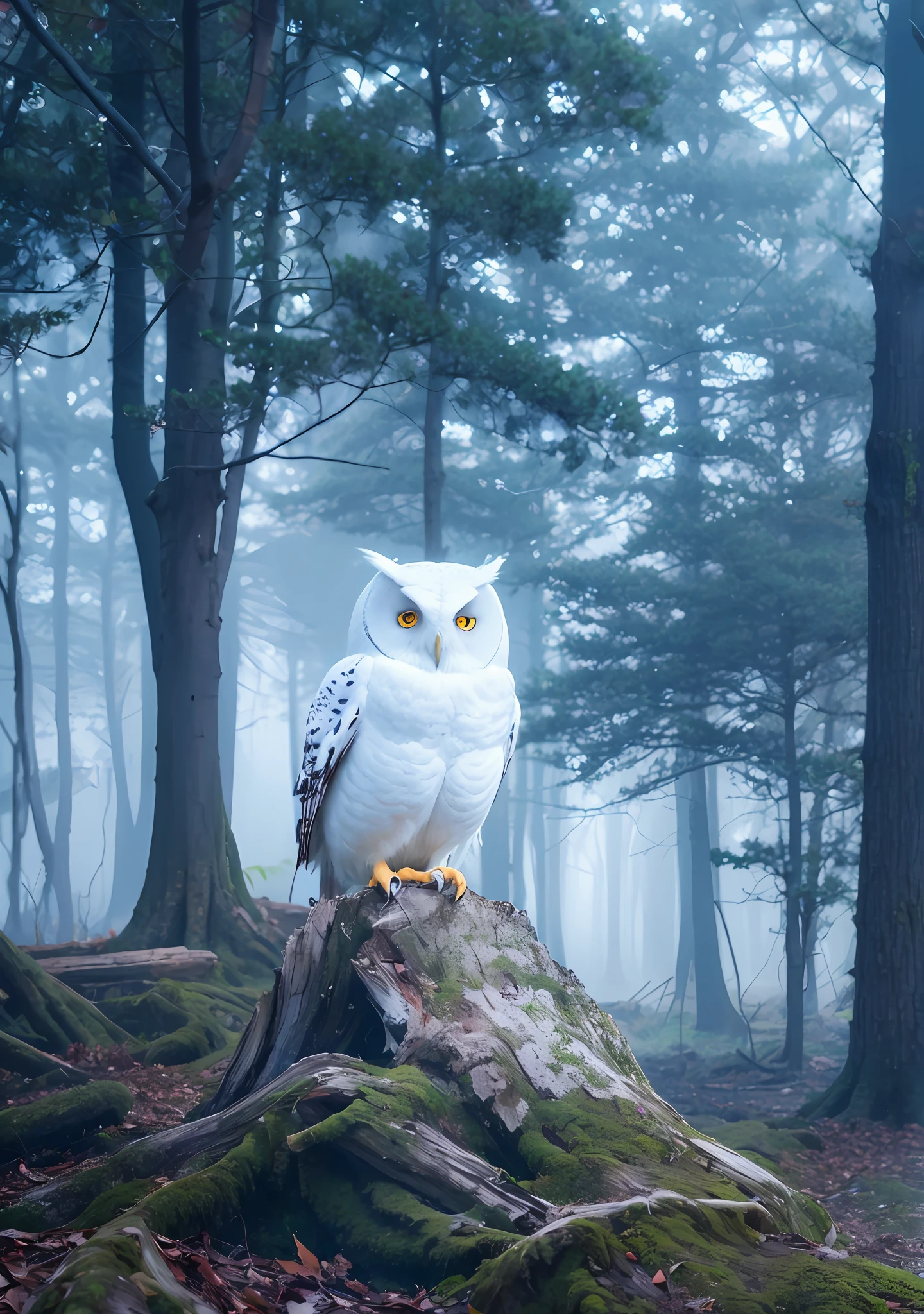 white owl, forest, ultra realistic, mysterious atmosphere,kinematic light