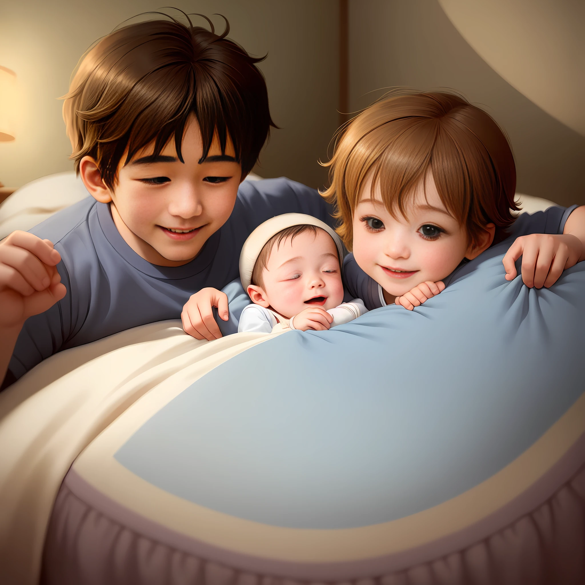 "An exquisite cartoon illustration of a child, brimming with joy, playing and doting on his newborn brother in their cozy bedroom. inspired by Goro Fujita, best quality and meticulous attention to detail guaranteed. (best quality:0.8)"