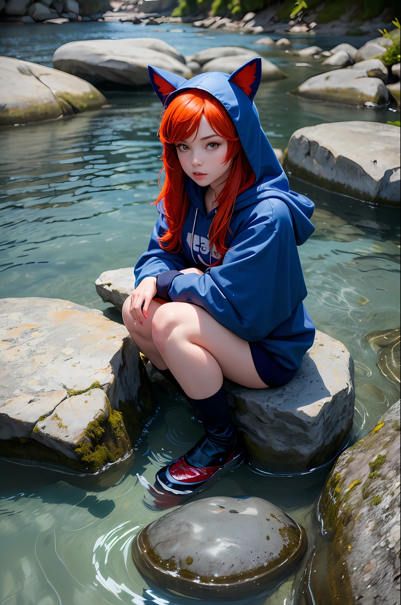 8k, best quality, (photorealistic:1.4), raw photo, 1girl, red hair, animal ears, blue hood, hooded cape, pose: sitting a rock, ears sticking out, yellow eyes, feet: in water, river