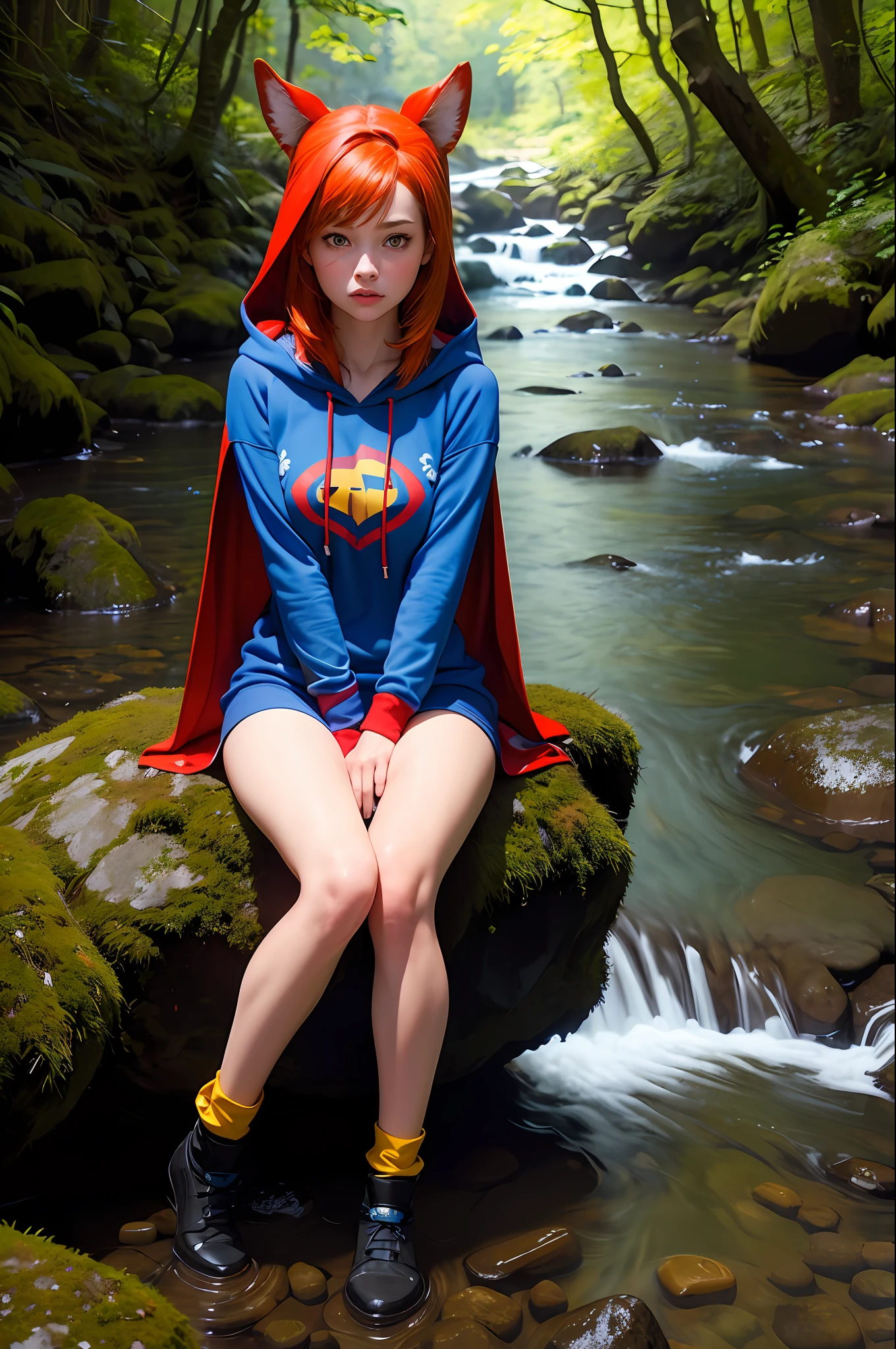 8k, best quality, (photorealistic:1.4), raw photo, 1girl, red hair, animal ears, blue hooded cape, ears sticking out, pose: sitting on a rock in a forest river, yellow eyes
