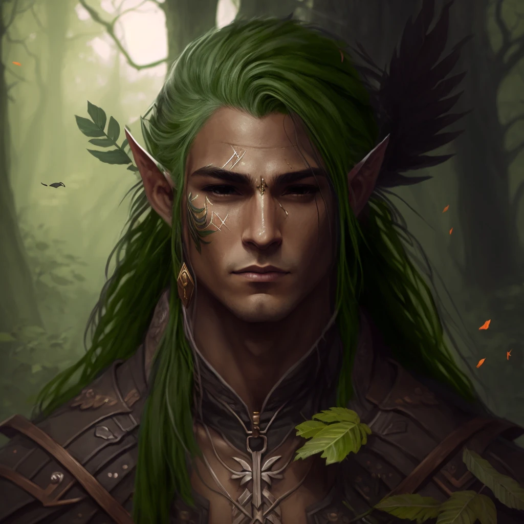 there is a elf man with green hair and a green headpiece, a portrait of a male elf, portrait of an wooden elf, portrait of a forest mage, elven male, portrait of an elf, a portrait of an elf, fantasy male portrait, beautiful male elf, druid portrait, fantasy concept art portrait, a male elf, elven character with smirk, full black eyes