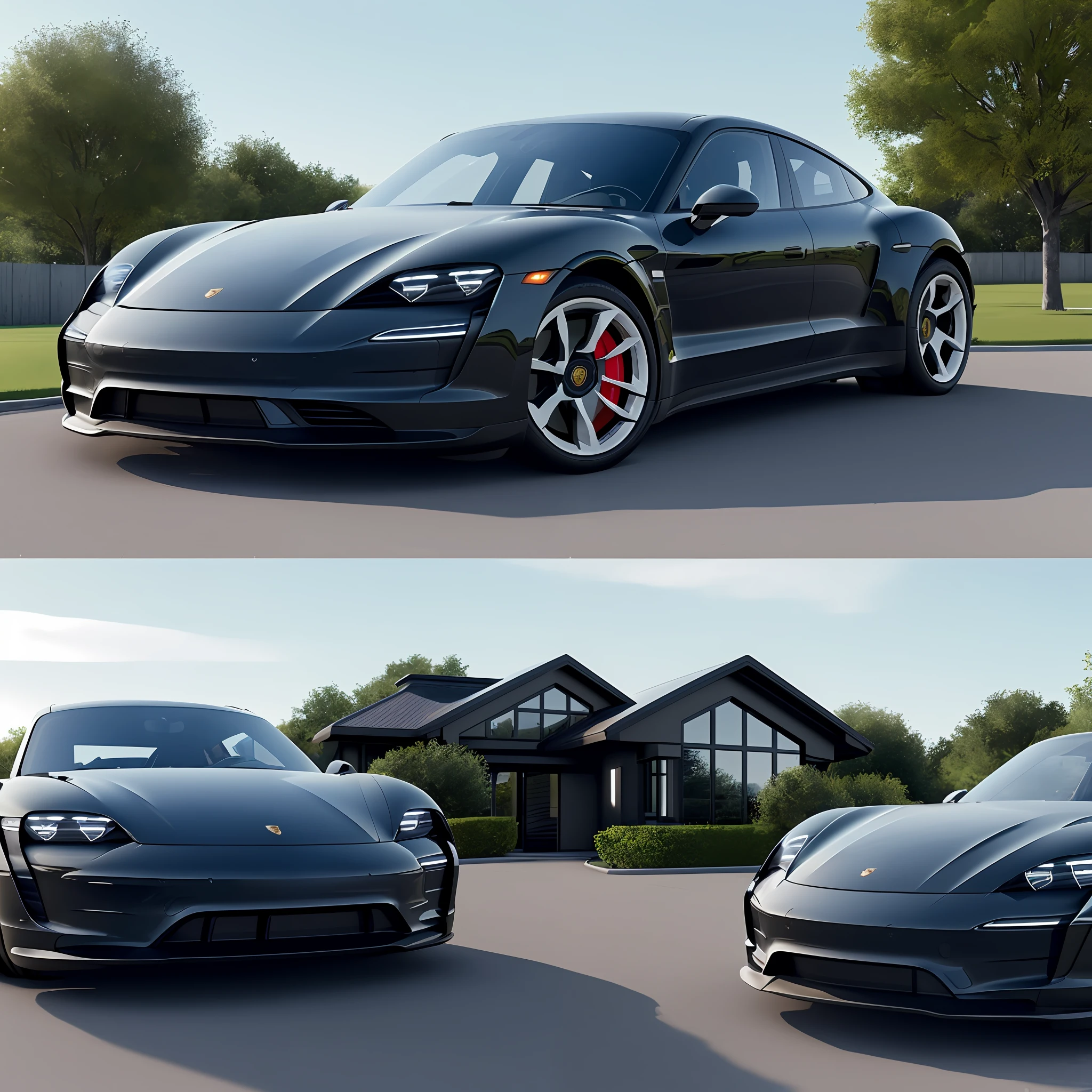 (realistic: 1.4), best quality, ultra high resolution, 8k, (modern front house with a black Porsche Taycan), highly detailed, best quality, realistic photo, modern flowerbed, blue sky, raw style