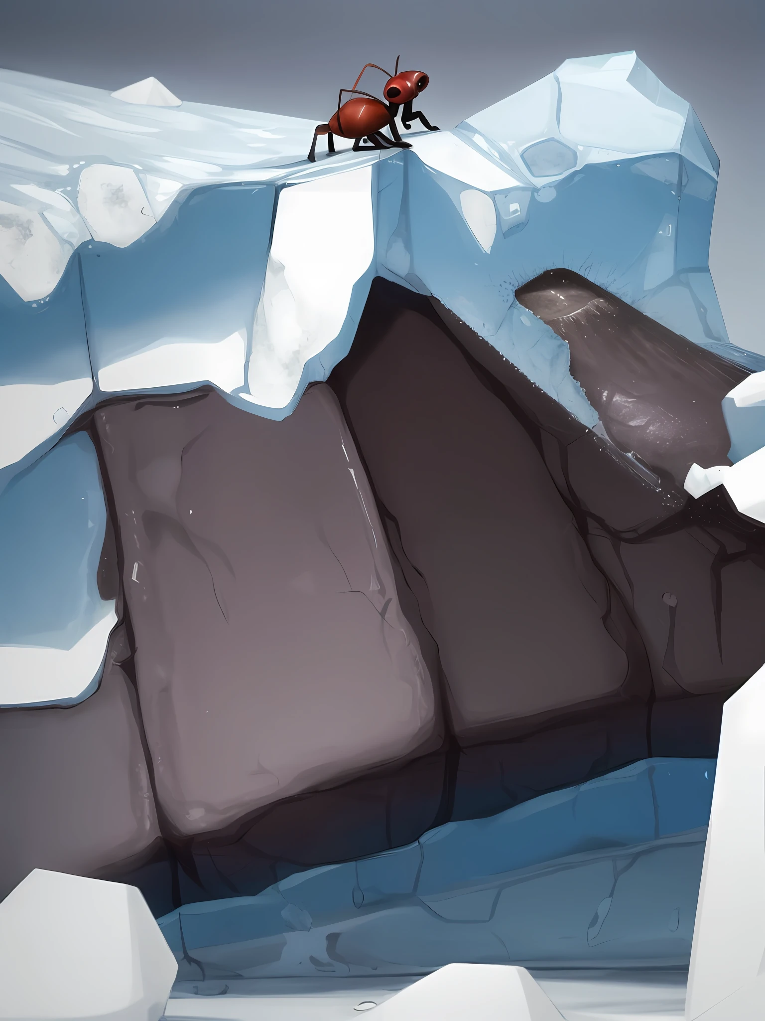 a ant creature stuck in a thawing iceberg