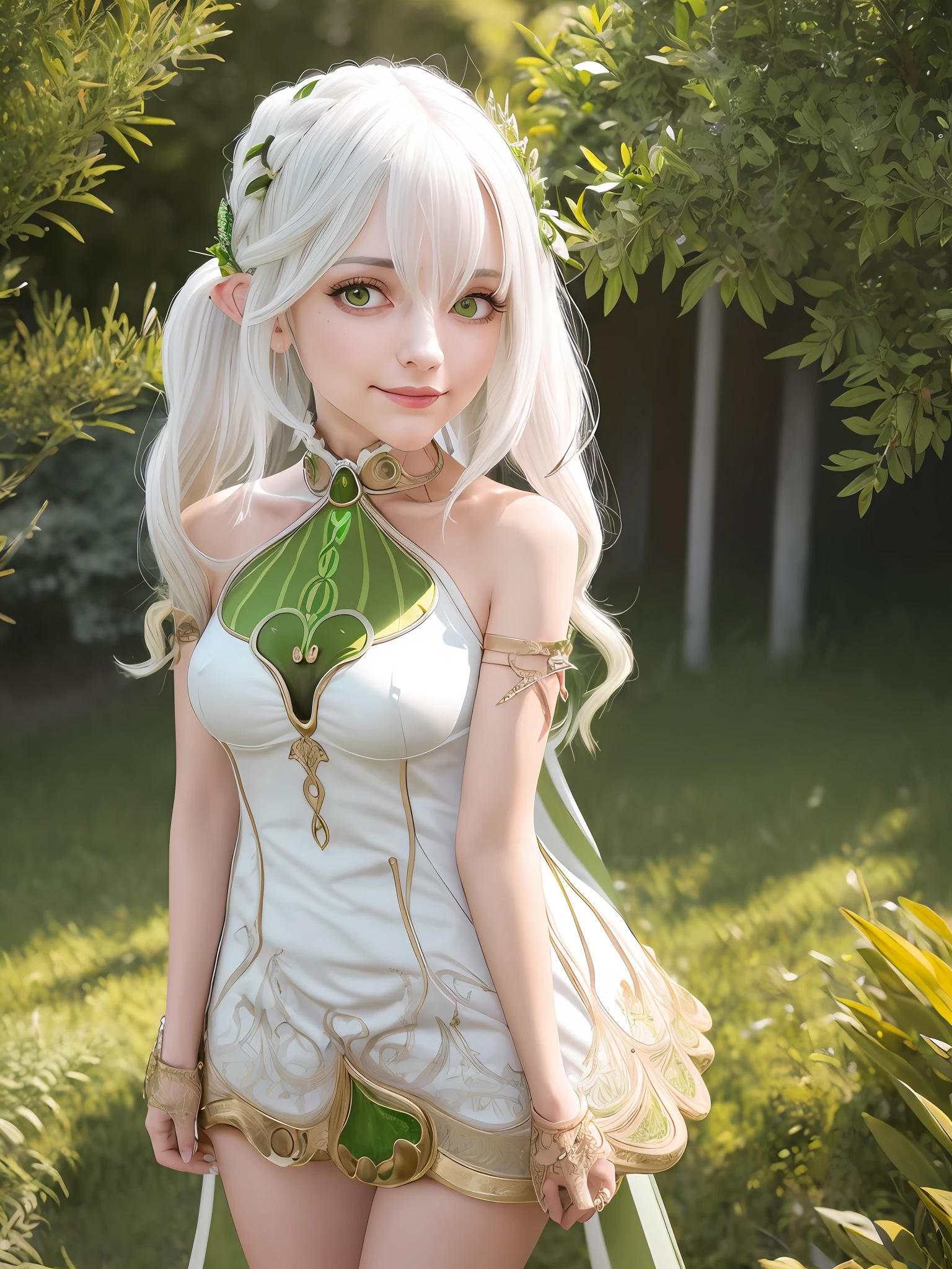 ((adult body)) ((aged up)) ((medium breasts)), medium height masterpiece,intricate details,best quality, nahida_genshin, default_dress, pleated skirt, detailed eyes, ((cross-shaped pupils)) 1girl, from front, white hair,sunlight,smile,glow green particles,outdoors,sunshine,grass,grassland,field of depth, standing, full body, tall stature,