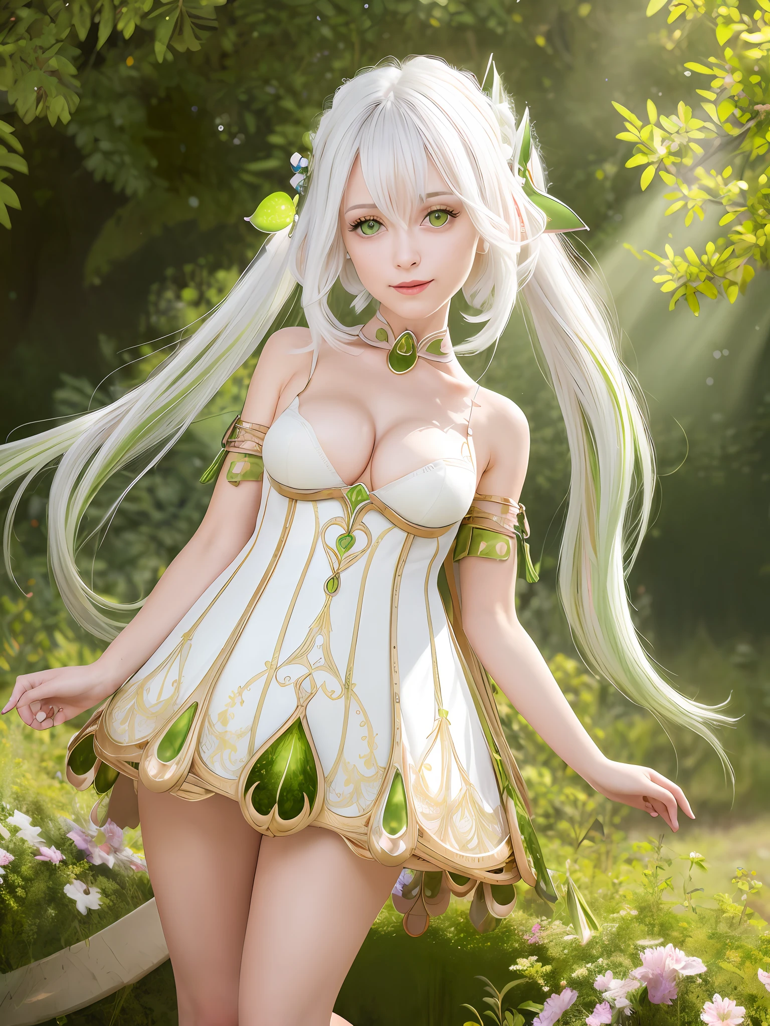((adult body)) ((aged up)) ((medium breasts)), medium height masterpiece,intricate details,best quality, nahida_genshin, default_dress, pleated skirt, detailed eyes, ((cross-shaped pupils)) 1girl, from front, white hair,sunlight,smile,glow green particles,outdoors,sunshine,grass,grassland,field of depth, standing, full body, tall stature,