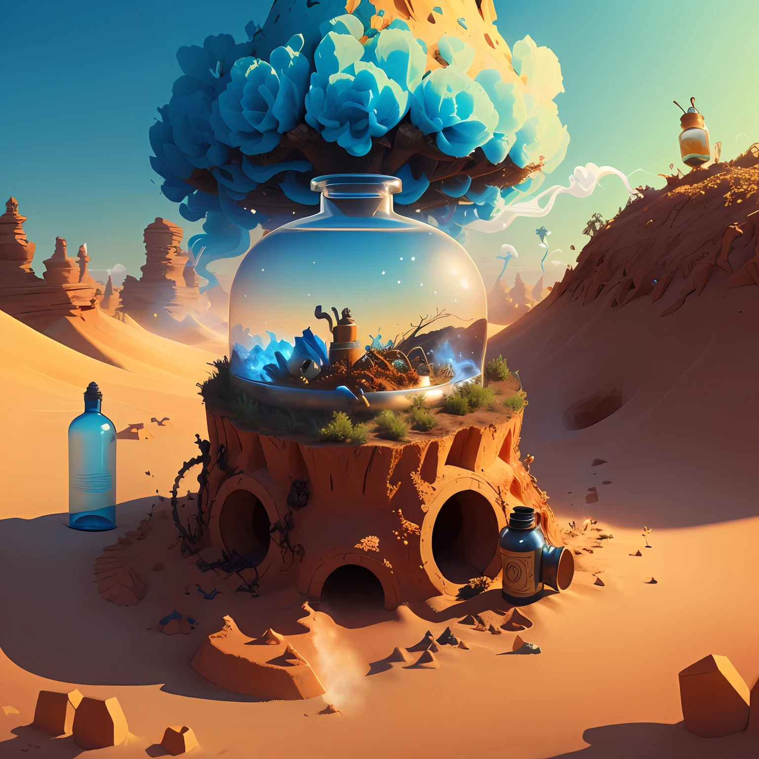 genie bottle stuck in an anthill with smoke around it