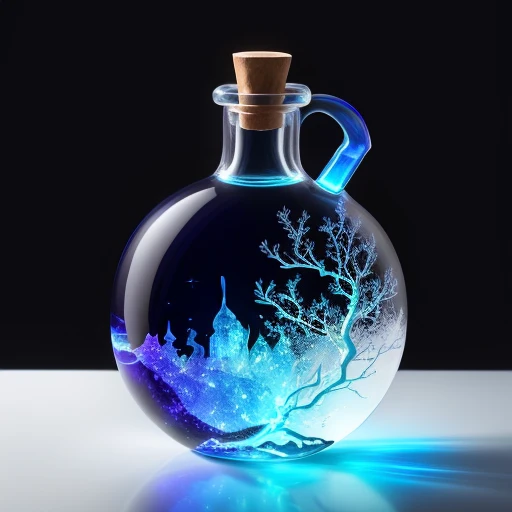 potion bottle in the shape of a crescent moon, inside is a glowing white liquid with blue sparkels, outside the botte is held up by treebranches