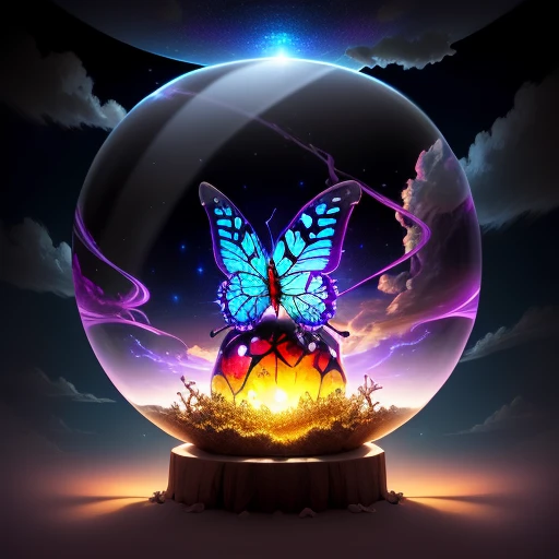 evil butterfly stuck in a glass sphere stuck in an anthill with magic lights and clouds