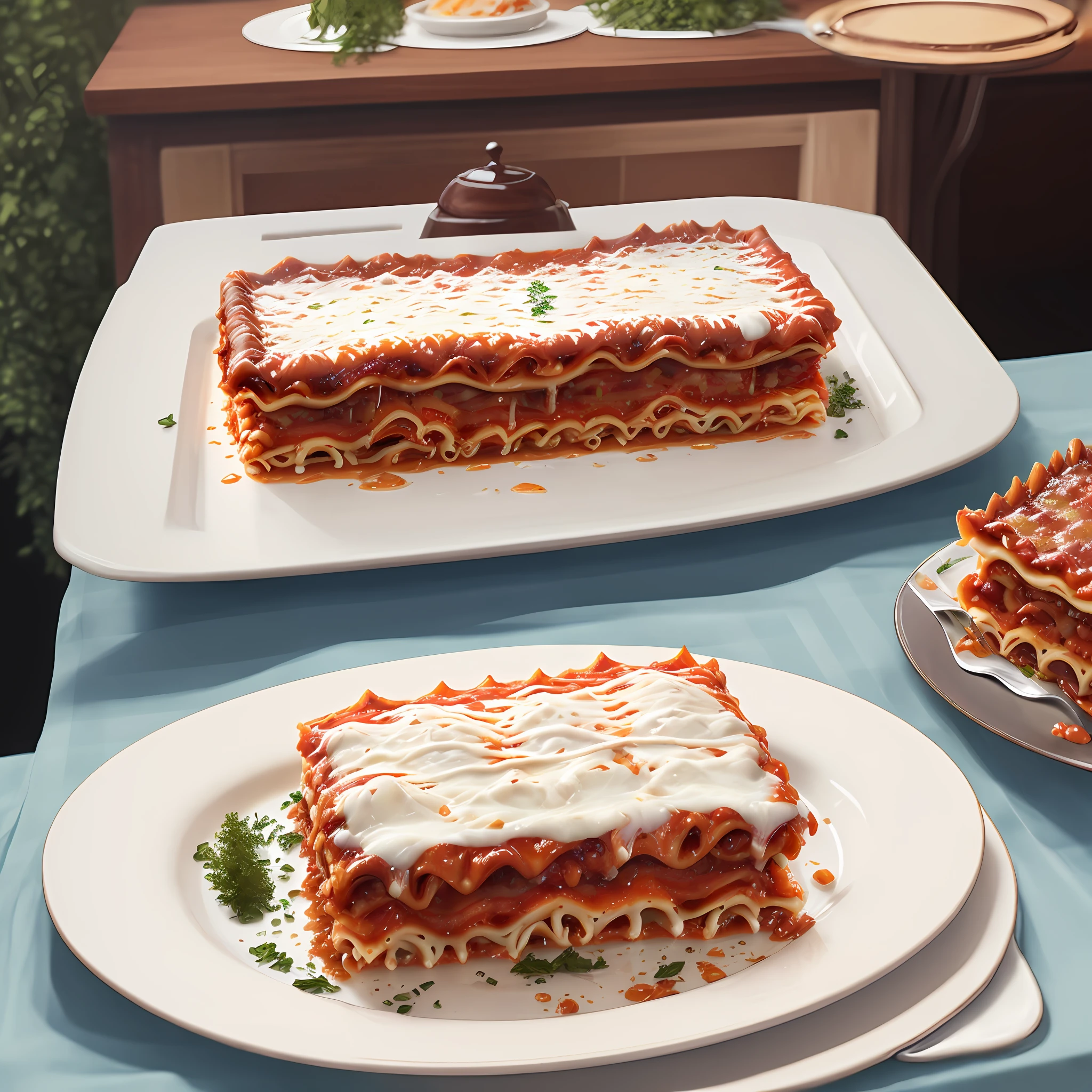 (best description) ( Better quality) lasagna on the table, glass platter, tablecloth