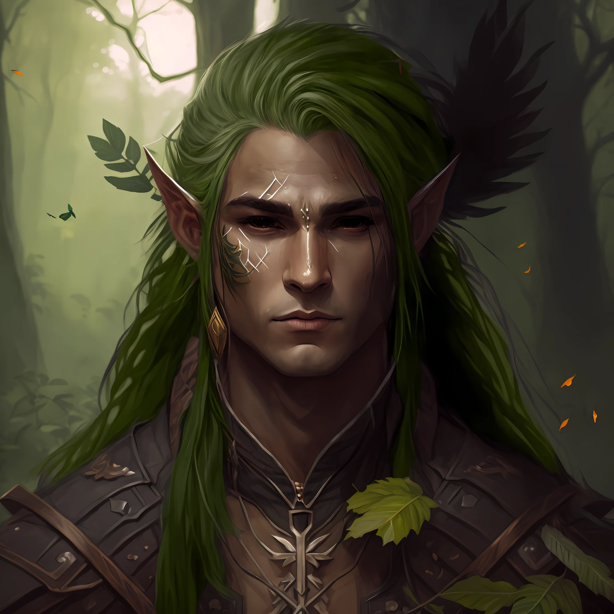 there is a elf man with green hair and a green headpiece, a portrait of a male elf, portrait of an wooden elf, portrait of a forest mage, elven male, portrait of an elf, a portrait of an elf, fantasy male portrait, beautiful male elf, druid portrait, fantasy concept art portrait, a male elf, elven character with smirk, full black eyes