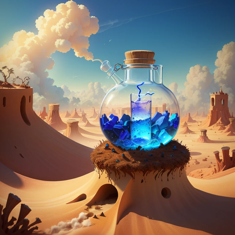 genie bottle stuck in an anthill with smoke around it