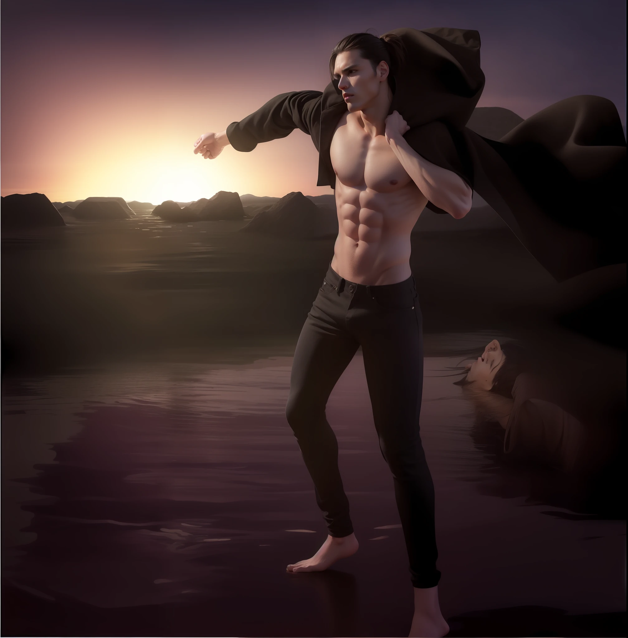 best quality, masterpiece, (realistic: 1.2), 1 man, Eren Jaeger, real life, live action, black jeans, black pants, brown hair, attack on Titan, abs, muscle, shirtless, sunset background, fitness, fit body, slim body, skinny muscles, high definition, high quality, walking, manbun, tied hair, man-bun, loose pants, loose jeans, black jeans