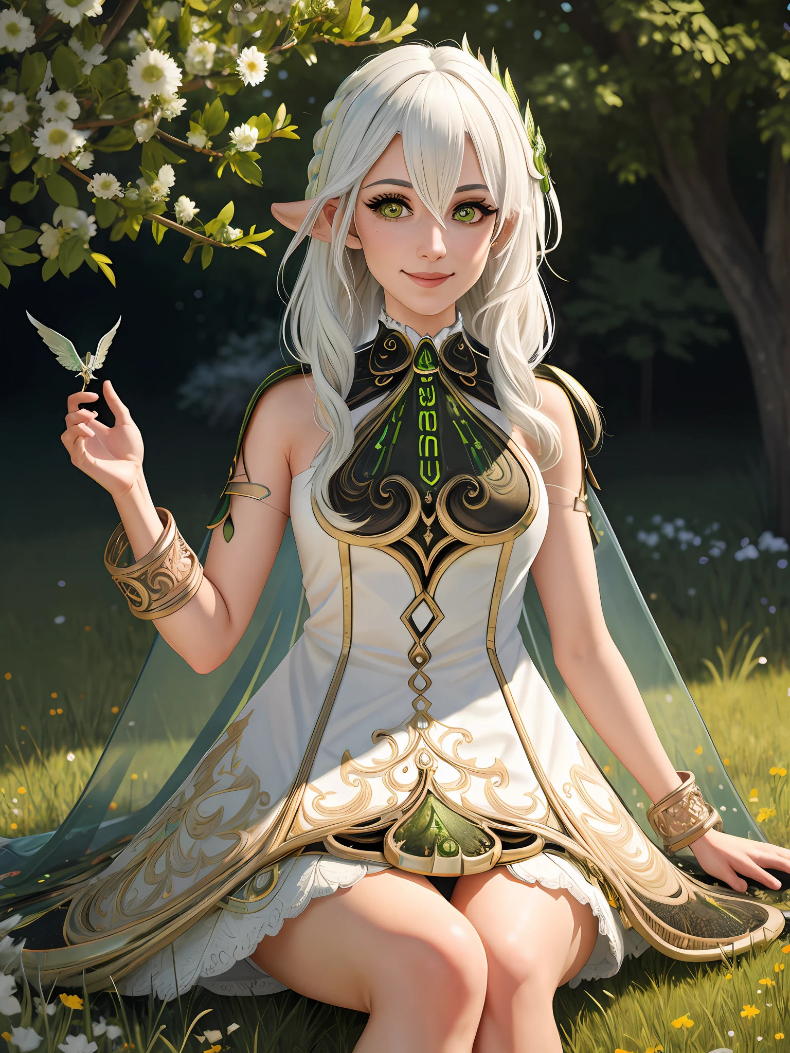 ((adult body)) ((aged up)) ((medium )), brilliant, human realistic, medium height masterpiece,intricate details,best quality, highres, high resolution,masterpiece,intricate details,best quality,nahida_genshin,detailed eyes,((cross-shaped pupils)),default_dress,1girl,pleated skirt,white hair,sunlight,smile,glow green particles,outdoors,sunshine,grass,grassland,field of depth,