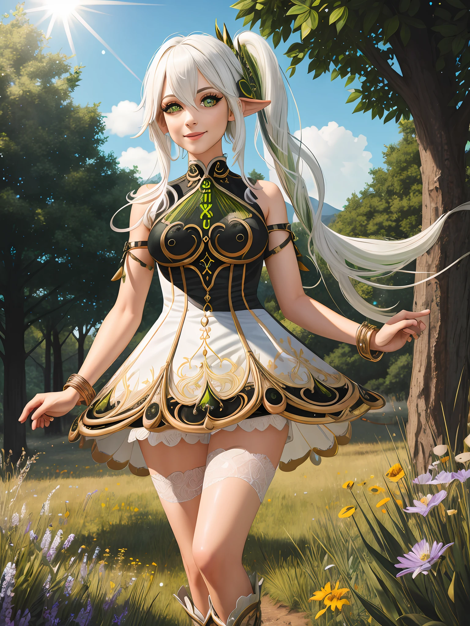 ((adult body)) ((aged up)) ((medium breasts)), brilliant, human realistic, medium height masterpiece,intricate details,best quality, highres, high resolution,masterpiece,intricate details,best quality,nahida_genshin,detailed eyes,((cross-shaped pupils)),default_dress,1girl,pleated skirt,white hair,sunlight,smile,glow green particles,outdoors,sunshine,grass,grassland,field of depth,