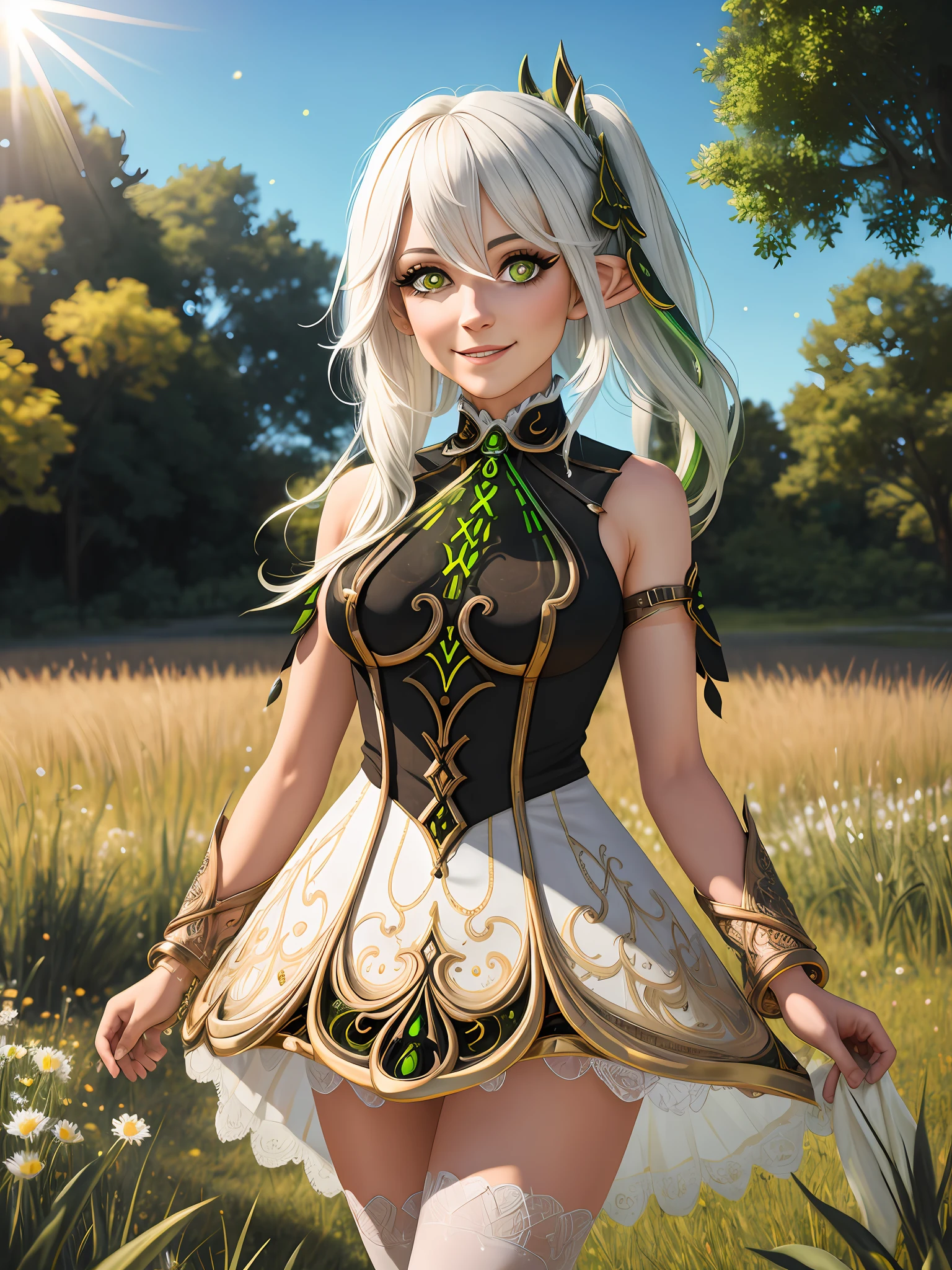 ((adult body)) ((aged up)) ((medium breasts)), brilliant, human realistic, medium height masterpiece,intricate details,best quality, highres, high resolution,masterpiece,intricate details,best quality,nahida_genshin,detailed eyes,((cross-shaped pupils)),default_dress,1girl,pleated skirt,white hair,sunlight,smile,glow green particles,outdoors,sunshine,grass,grassland,field of depth,