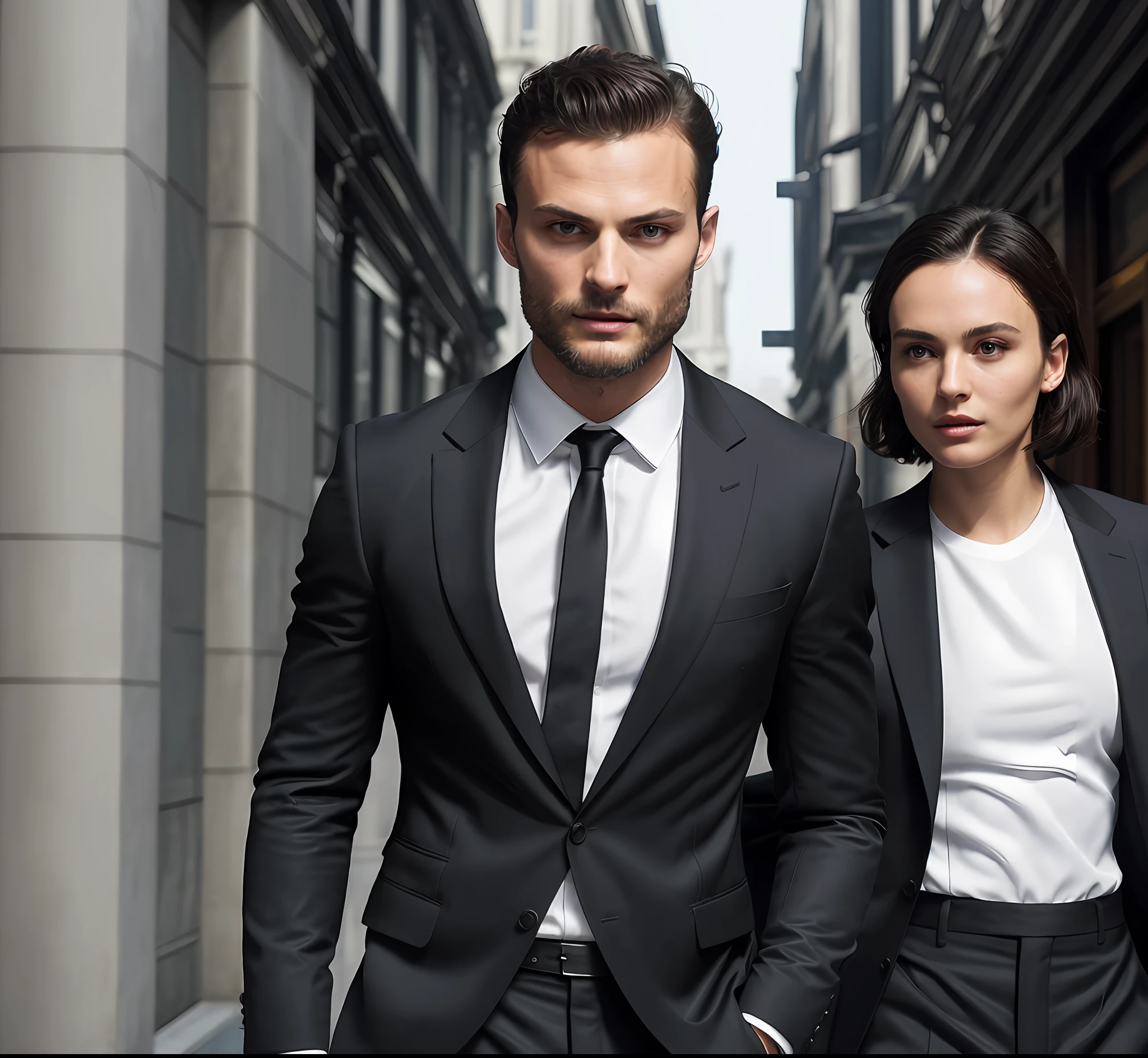 (create a ceo wearing black suit without tie), (tanned brunette with the symmetrical face of model), wearing beard, short dark hair, stylish and elegant, shaved and strong body fitted in the suit, show body, man similar to actor jamie dornan, (high quality and realistic image), in the background of the image city of london, cinematic style, ((Best quality, 8k, Masterpiece).