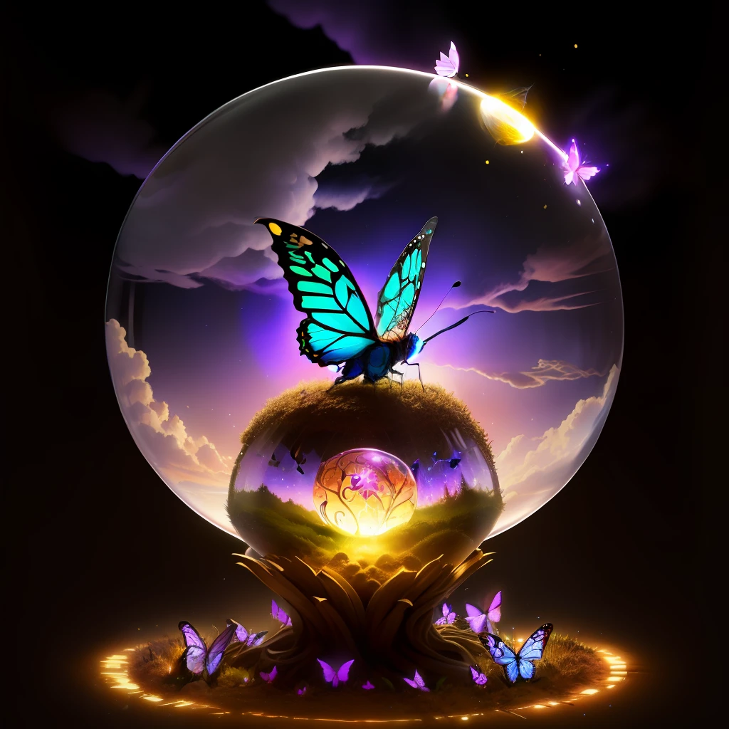 evil butterfly stuck in a glass sphere stuck in an anthill with magic lights and clouds