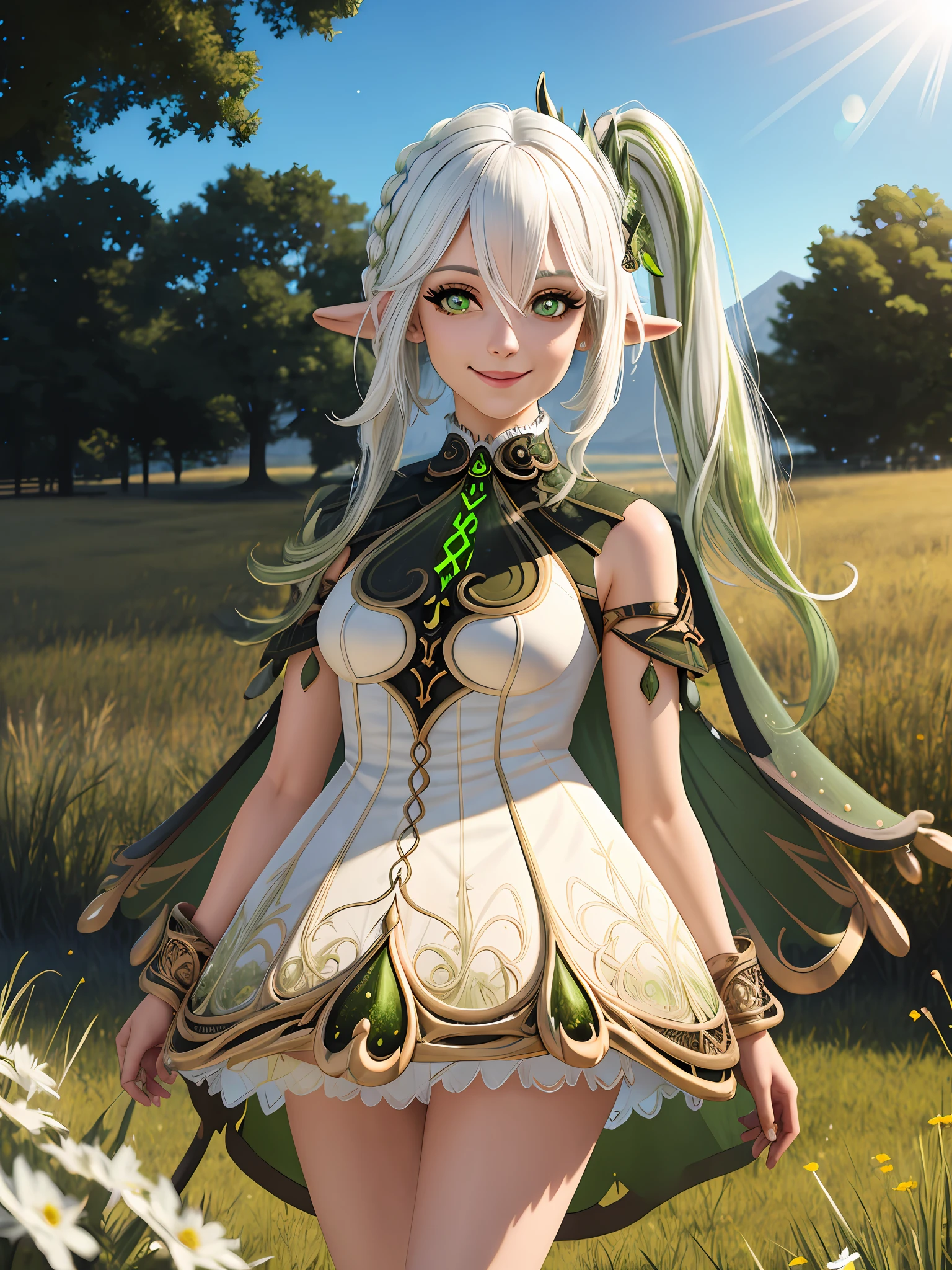 ((adult body)) ((aged up)) ((medium breasts)), brilliant, human realistic, medium height masterpiece,intricate details,best quality, highres, high resolution,masterpiece,intricate details,best quality,nahida_genshin,detailed eyes,((cross-shaped pupils)),default_dress,sexy,sexy default dress,sexy_default_dress,1girl,pleated skirt,white hair,sunlight,smile,glow green particles,outdoors,sunshine,grass,grassland,field of depth,