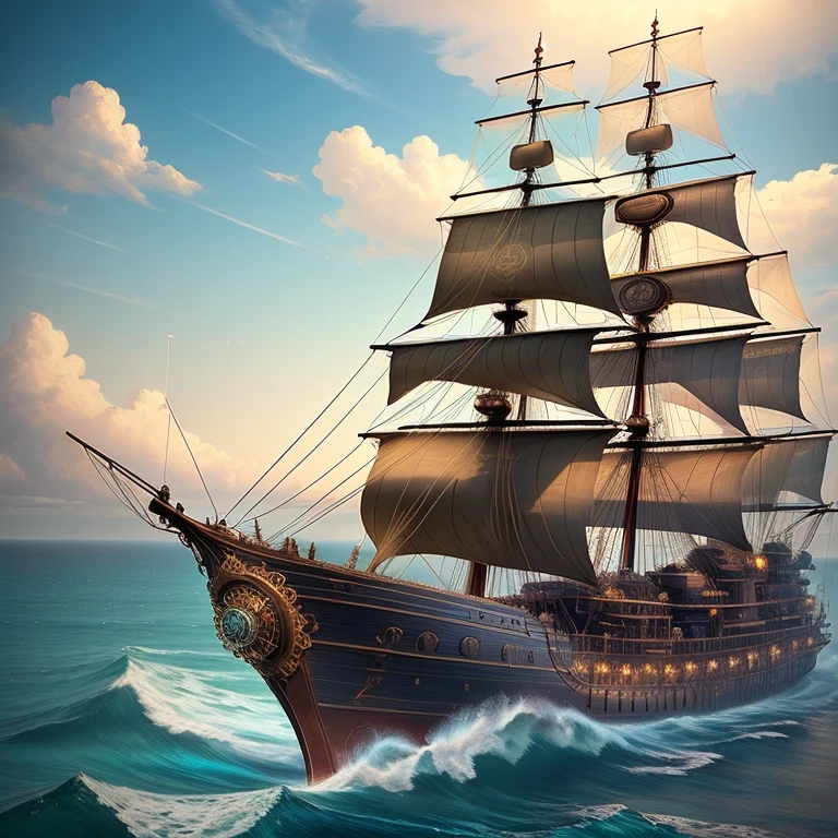 (best quality, masterpiece), (steampunk, ocean, vessel)