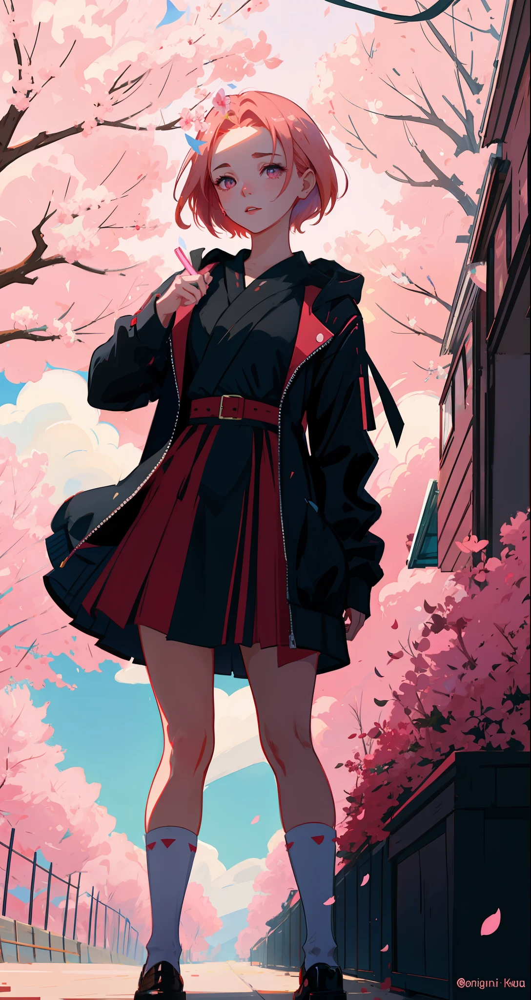 Sakura, symbol on the forehead,beautiful woman, seductive, ((forehead the show)) pop star, idol, in a show, attractive, sexy eyes, red dress, pink hair, delicate, young, short hair, full body, from League of Legends, trend in artstation, by rhads, andreas rock, rossdraws, makoto shinkai, laurie greasley, lois van baarle, ilya kuvshinov and greg rutkowski