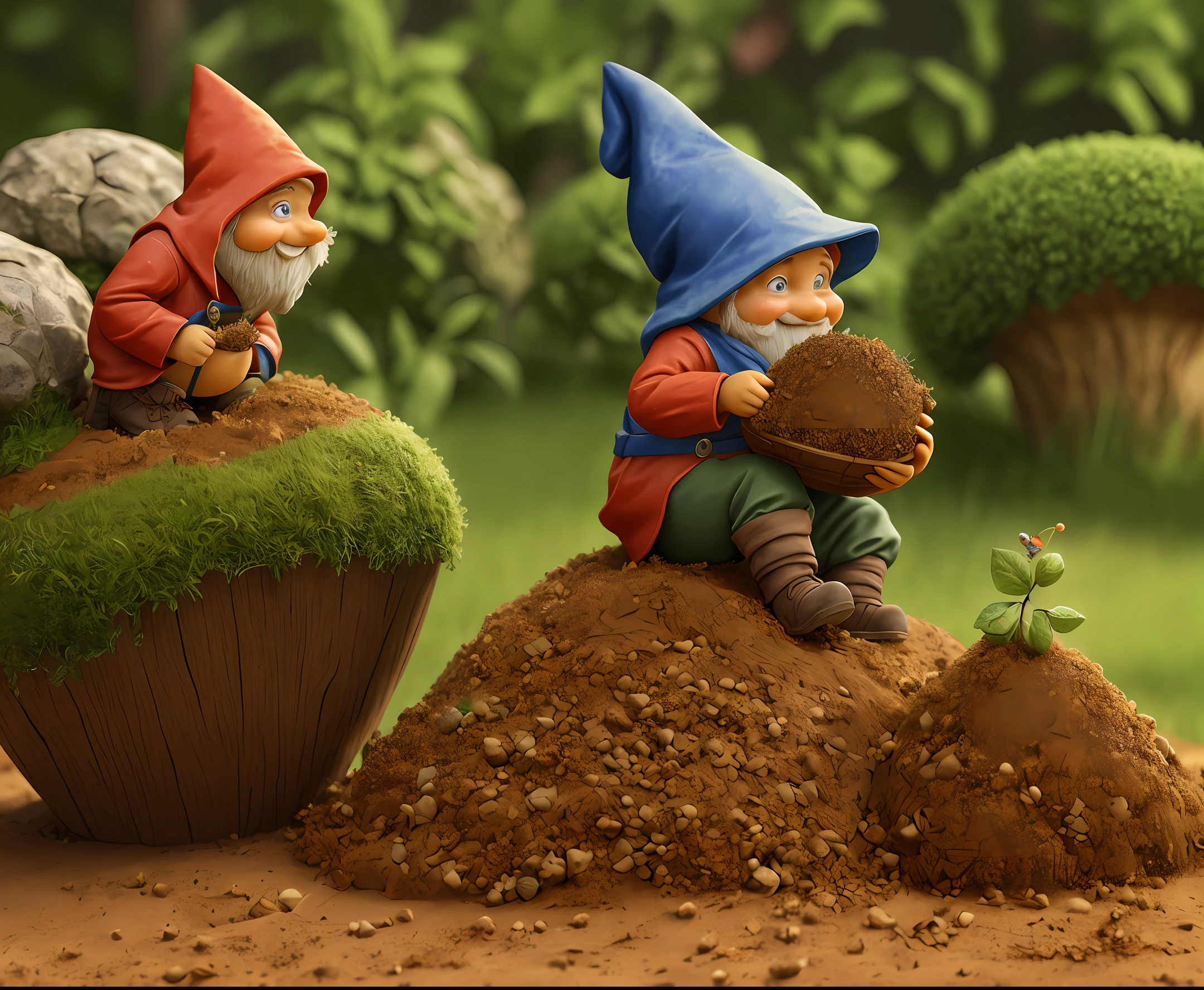 garden gnome stuck in anthill. anthill around gnome, fantasy, mystical,realism, octane render, high detail, hyper quality, high resolution, 8k, HD, hyperrealism, masterpiece, best quality