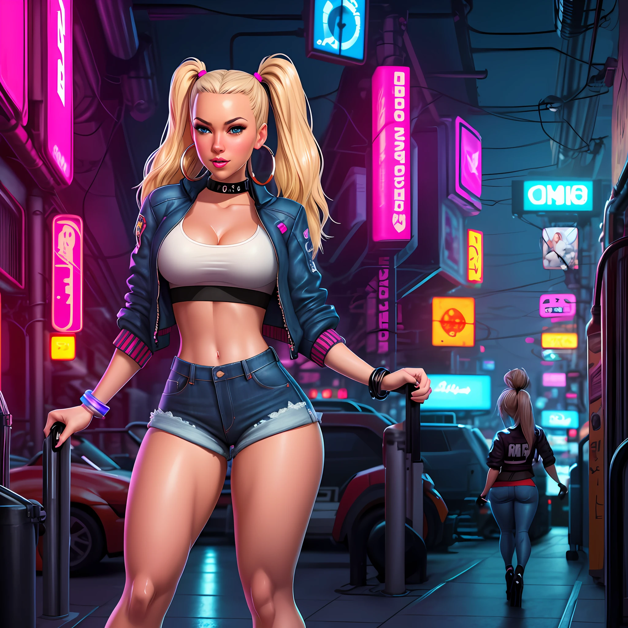 analog style, woman, (thepit bimbo:0.6)), blue eyes, black crop top with text, hoop earrings, detailed, skin texture, back-length hair, blonde hair, full lips, full body perspective, platform heels, collar, pink jacket, centered, tan skin, looking at viewer, kneesocks, 8k, highly detailed, glossy, [Nina Dobrev|Emma Stone], symmetric, realistic, photo-realistic, cleavage focus, pout, jeans shorts, bracelet, studio lights, wide hips, glowing colors, glowing skin, twintails, cyberpunk,