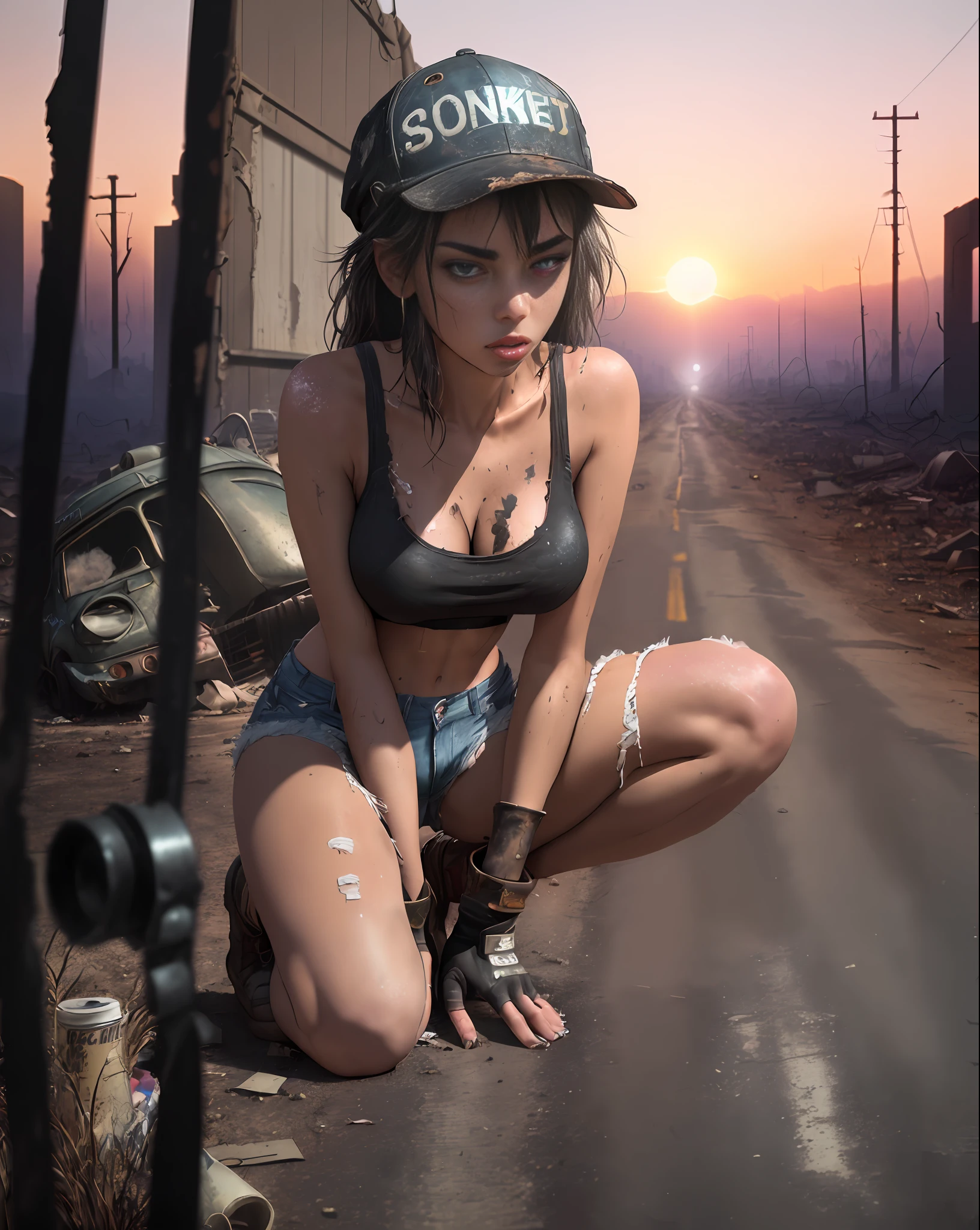 Yael Shelbia (beautiful and bold, seductive and attractive, blue eyes, pointed breasts, tank top, short shorts, boot, short glove, black cap, thick legs). (deserted road, dirt road, smoke, abandoned cars, newspapers, abandoned objects, bodies lying on the ground, abandoned road, sunset, apocalyptic scenery abandoned city, cinematic effect), (Best quality, masterpiece, depth of field, Full HD, 4K, richness of detail). Film style