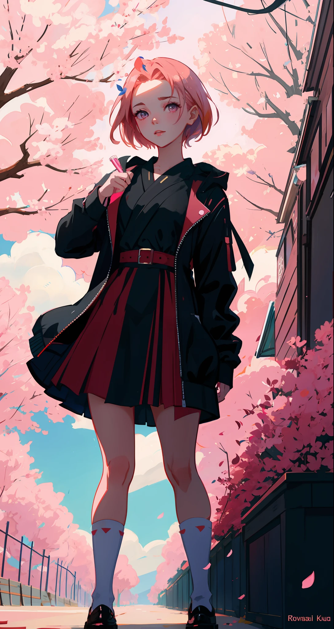 Sakura, symbol on the forehead,beautiful woman, seductive, ((forehead the show)) pop star, idol, in a show, attractive, sexy eyes, red dress, pink hair, delicate, young, short hair, full body, from League of Legends, trend in artstation, by rhads, andreas rock, rossdraws, makoto shinkai, laurie greasley, lois van baarle, ilya kuvshinov and greg rutkowski