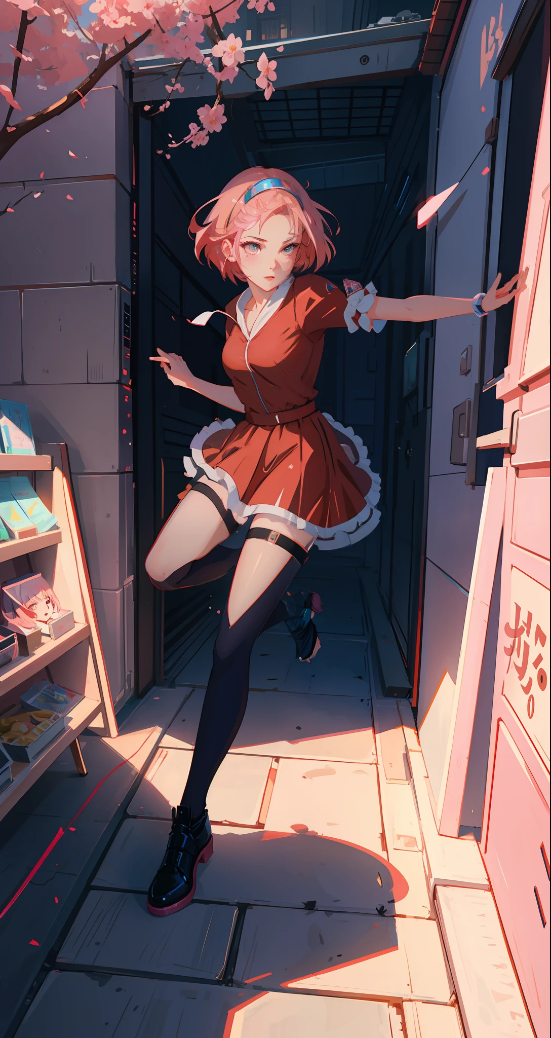 Sakura, symbol on the forehead,beautiful woman, seductive, ((forehead the show)) pop star, idol, in a show, attractive, sexy eyes, red dress, pink hair, delicate, young, short hair, full body, from League of Legends, trend in artstation, by rhads, andreas rock, rossdraws, makoto shinkai, laurie greasley, lois van baarle, ilya kuvshinov and greg rutkowski