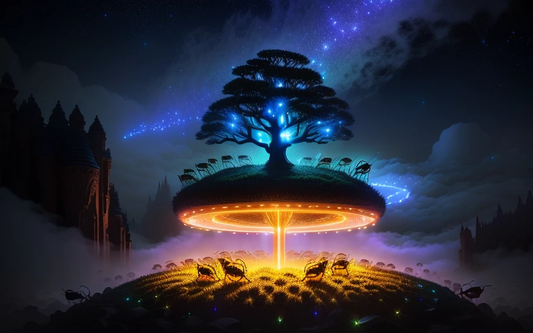 anthill with many ants in magic lights flash light in sky with fog around