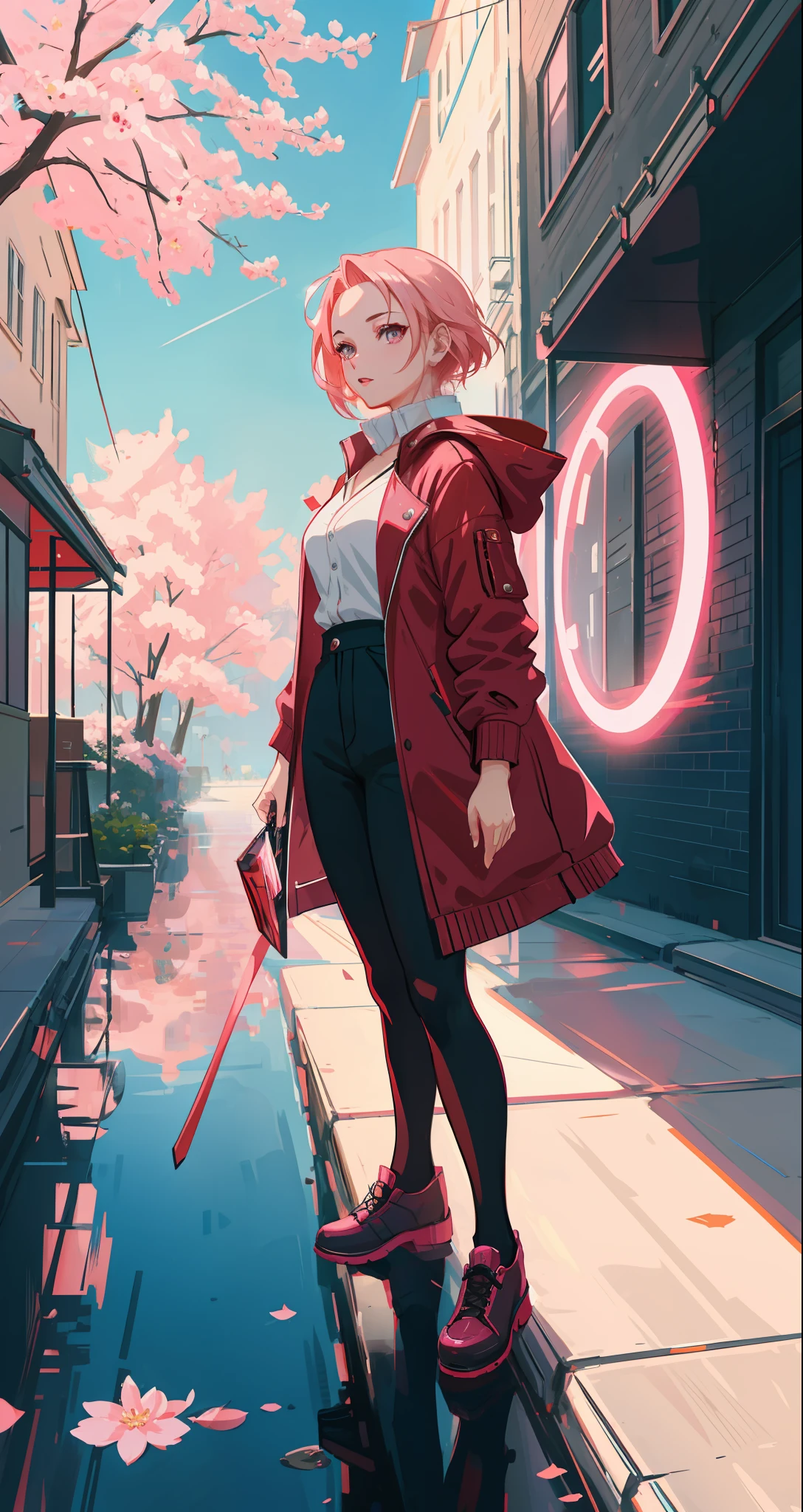 Sakura haruno, seductive, ((forehead to show)), attractive, sexy eyes, red coat, pink hair, delicate, young, short hair, detailed face, high definition, full body, from League of Legends, trend in artstation, by rhads, andreas rocha, rossdraws, makoto shinkai, laurie greasley, lois van baarle, ilya kuvshinov and greg rutkowski