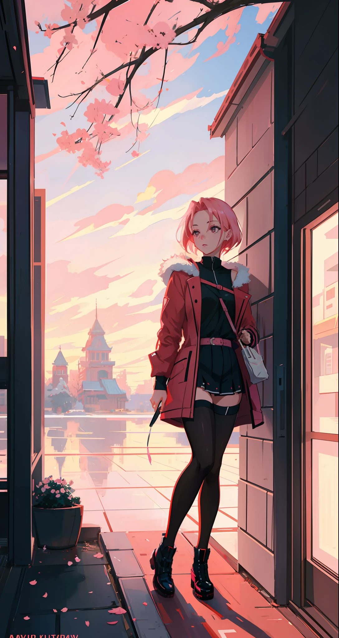 Sakura haruno, seductive, ((forehead to show)), attractive, sexy eyes, red coat, pink hair, delicate, young, short hair, detailed face, high definition, full body, from League of Legends, trend in artstation, by rhads, andreas rocha, rossdraws, makoto shinkai, laurie greasley, lois van baarle, ilya kuvshinov and greg rutkowski