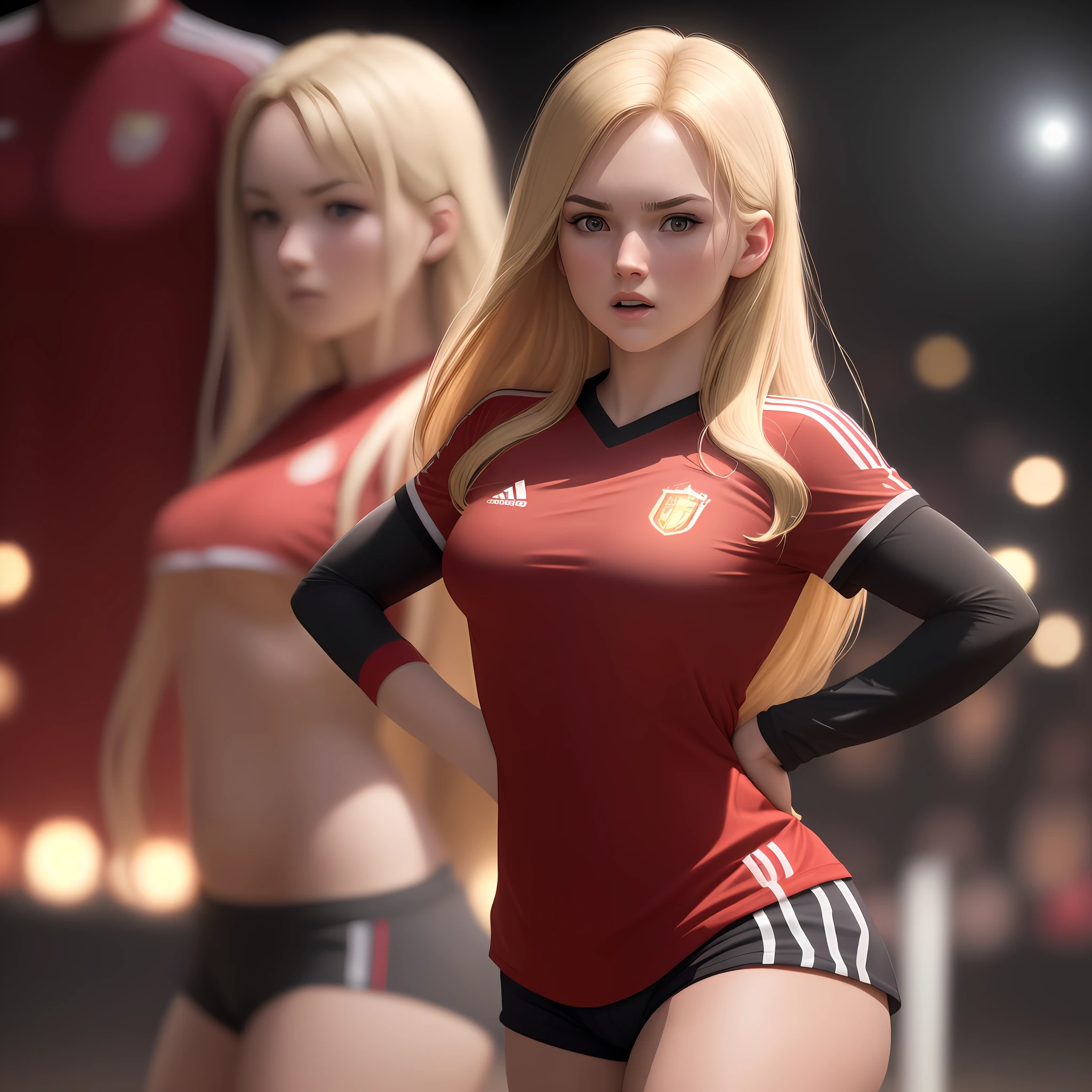 best quality, masterpiece, high resolution, blonde woman, (straight hair), soccer player, red team uniform, red shirt, black color shorts, small chest, (thick thigh), (big ass), very angry face, on top of body, tyndall effect,photorealistic, dark studio, rim lighting, two-tone lighting,(highly detailed skin: 1.2), 8k uhd, dslr, soft lighting, high quality, volumetric lighting, sincere, Photography, high resolution, 4k, 8k, Bokeh,