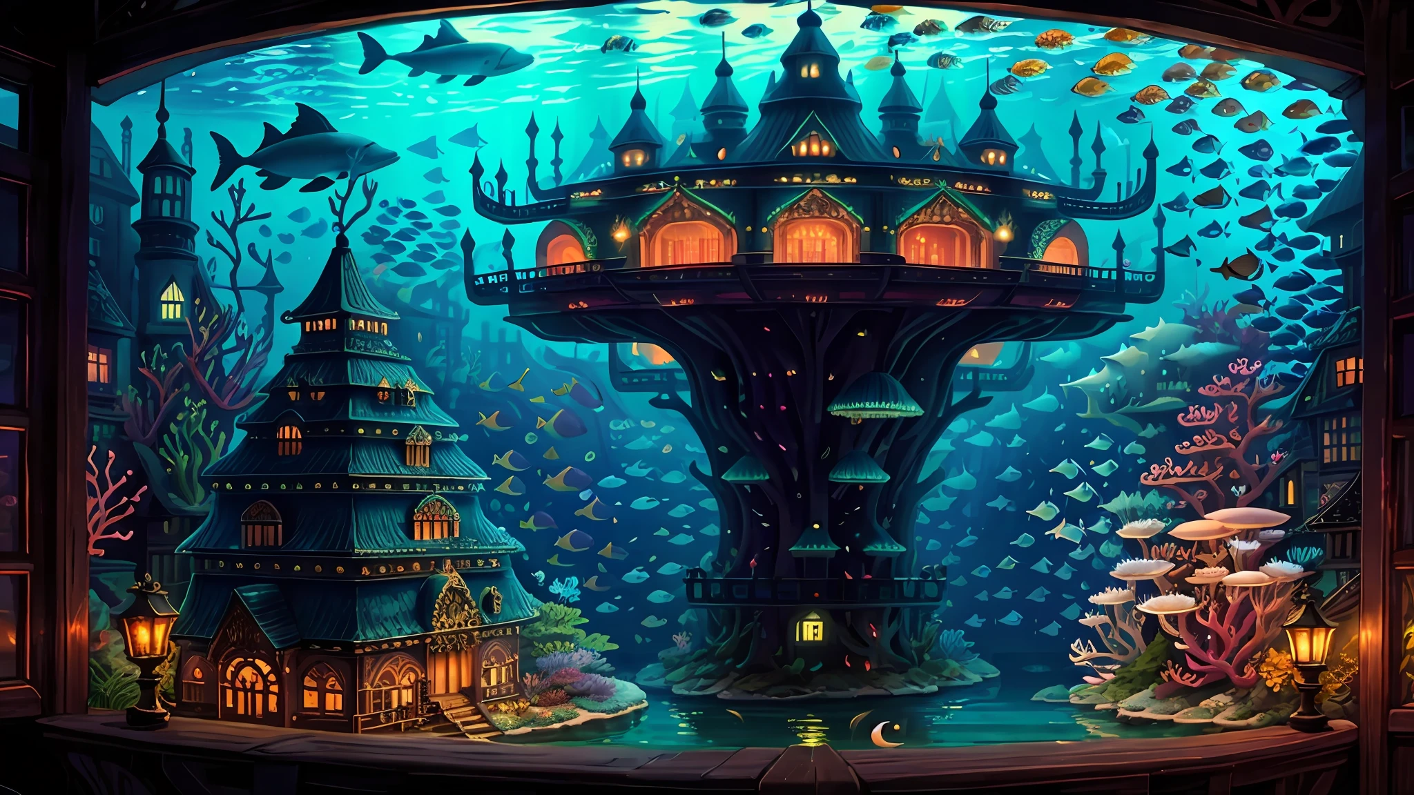 A living underwater city, illuminated by bioluminescent corals and aquatic plants, where fish of all kinds swim gracefully around. In the city center there is a huge, ornate shell throne adorned with pearls and shell jewellery, surrounded by colorful fish, carriages drawn by dolphins carrying dignitaries to the palace, giant sharks