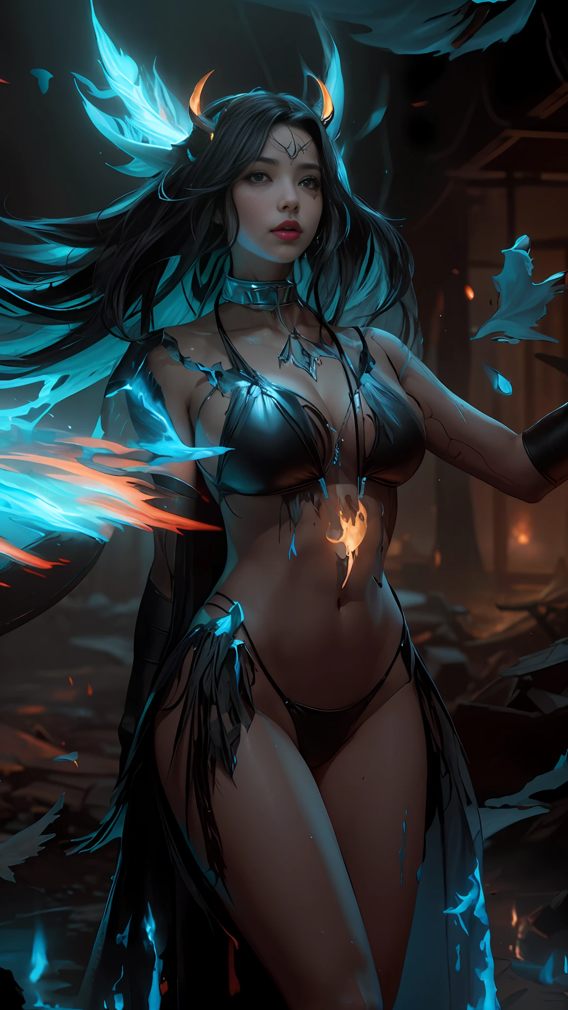 a close up of a woman in a bikini black sexy with a fire on her chest,beautiful face, rossdraws 2. 5, dark fantasy style art, alena aenami and artgerm, concept art | artgerm, rossdraws 1. 0, artgerm detailed, diablo 4 lilith, inspired by rossdraws, rossdraws digital painting, RAW wideangle photography, landscape, 4k uhd image, octane render, awesome, 8k, award winning art, cinematic lighting, high detail, intricate, ethereal, magical, otherworldly, dark fantasy, hyperrealistic, dreamlike, inky, hypermaximalist, (decay:1.3), (grit:1.3), (neglect:1.3), to8contrast style RFKTR_sinetempore