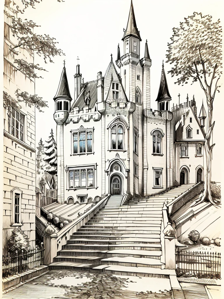 pen_sketch_style, side view, castle, blank slate, outdoor, trees, stairs, windows, top view, lock