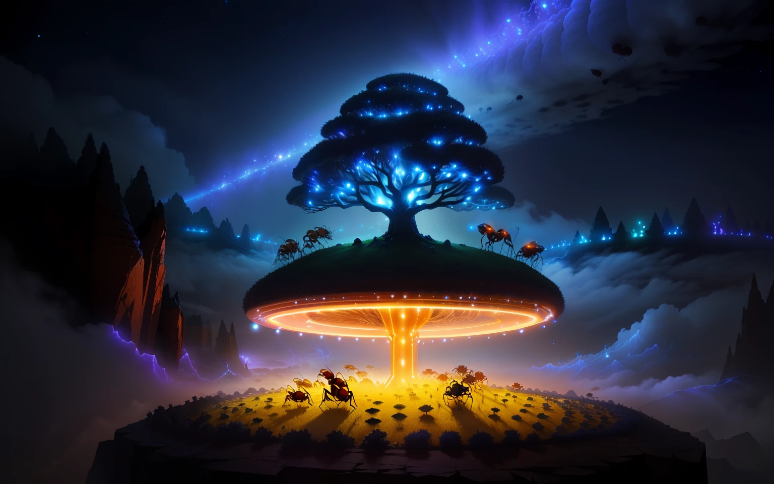 anthill with many ants in magic lights flash light in sky with fog around
