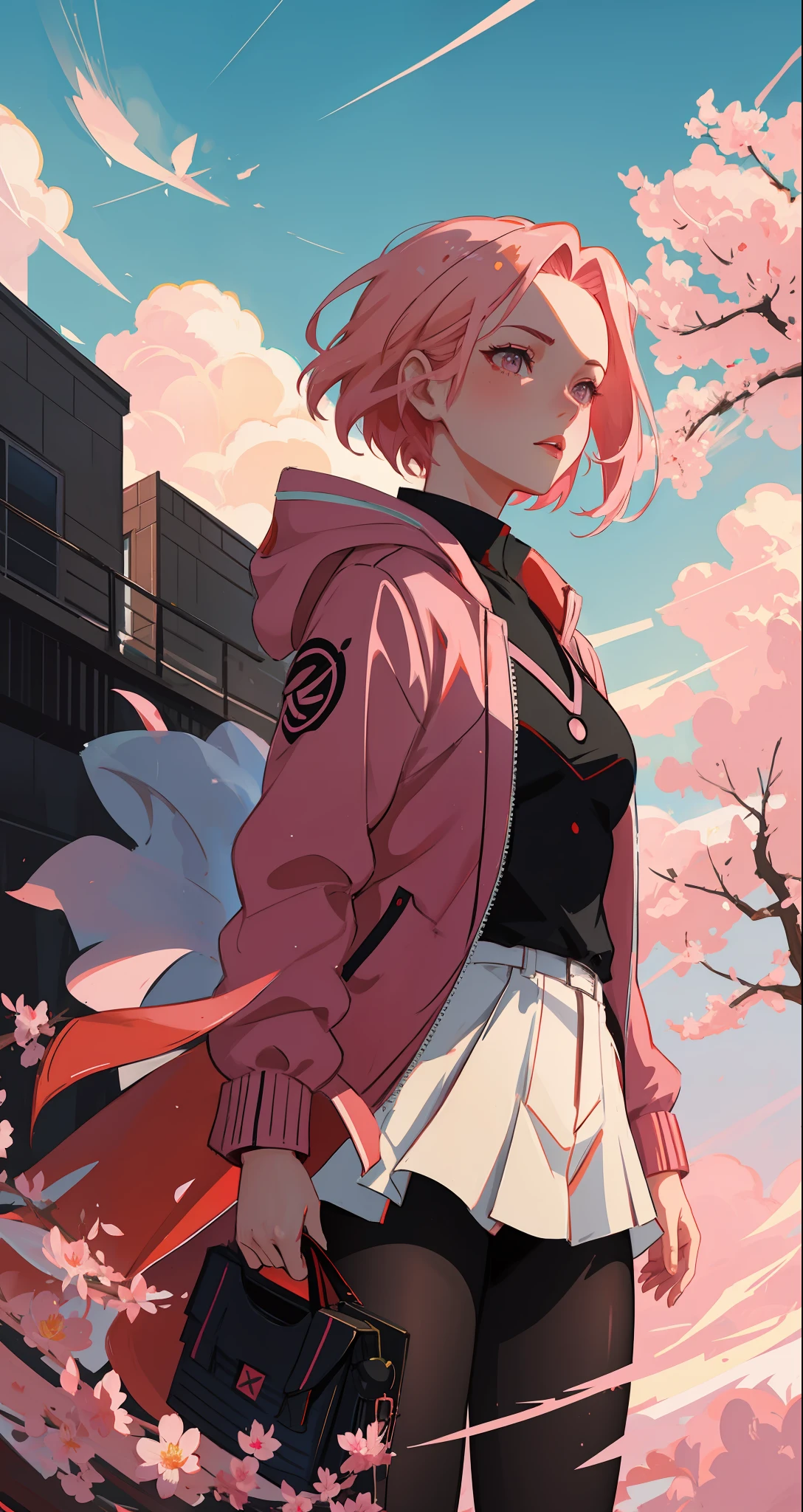 Sakura haruno, seductive, ((forehead the show)), attractive, sexy eyes, red coat with akatsuki clouds, pink hair, delicate, young, short hair, detailed face, high definition, full body, from League of Legends, trend in artstation, by rhads, andreas rocha, rossdraws, makoto shinkai, laurie greasley, lois van baarle, ilya kuvshinov and greg rutkowski