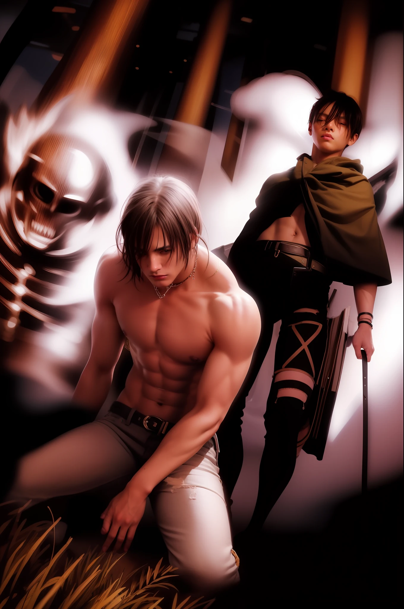 best quality, masterpiece, (realistic: 1.2), 1 man, Eren Jaeger, real life, live action, black jeans, black pants, brown hair, attack on Titan, abs, muscle, shirtless, sunset background, fitness, fit body, slim body, skinny muscles, high definition, high quality, walking, manbun, tied hair, man-bun, loose pants, loose jeans, black jeans
