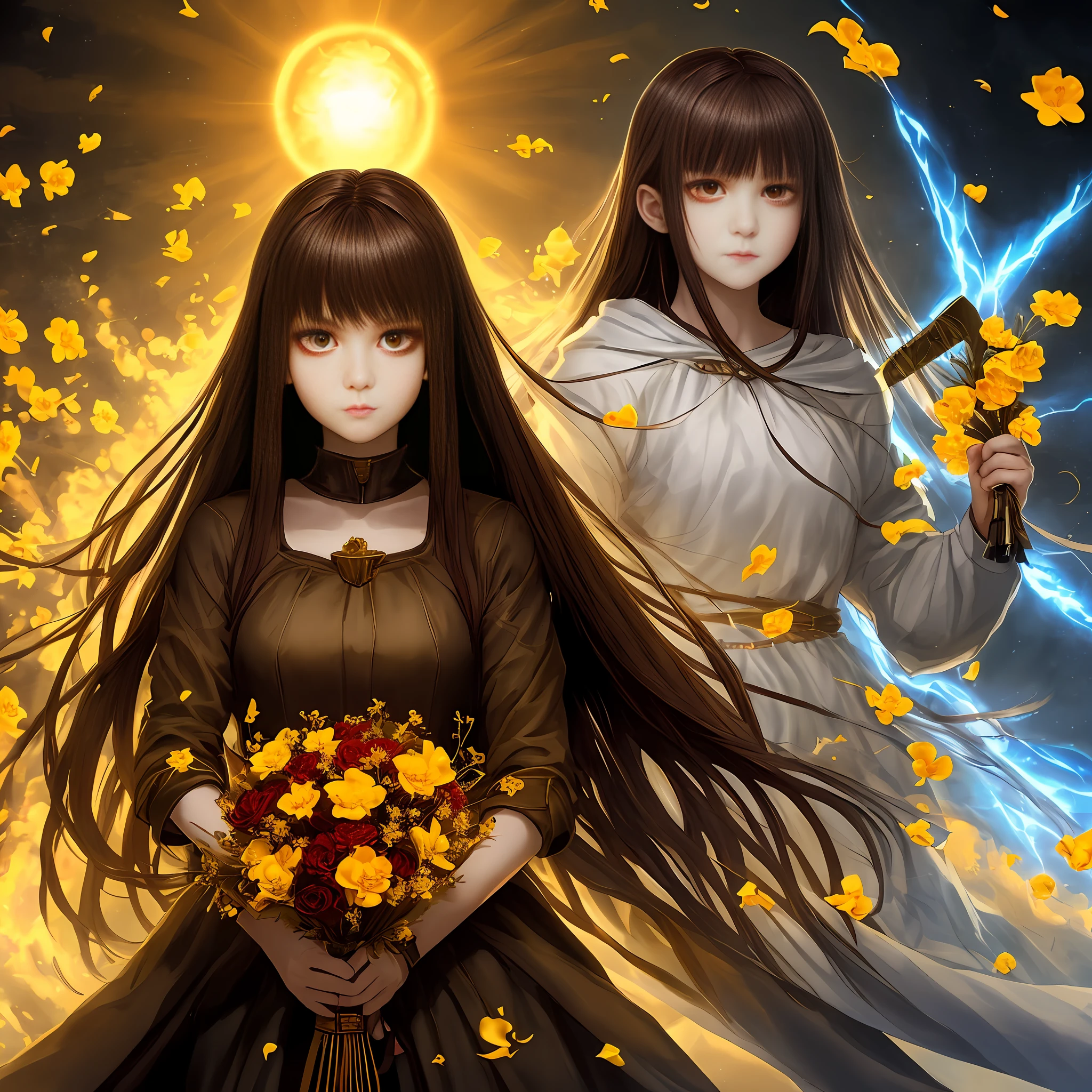 Chara: Sinister teenager with red eyes, dark brown hair, holding a bloody knife. Threatening expression and a dark aura that surrounded her. Good Chara: Good-hearted teenager with warm blue eyes, golden hair and a serene expression. Holding a bouquet of golden flowers, radiating a soft aura of positivity.