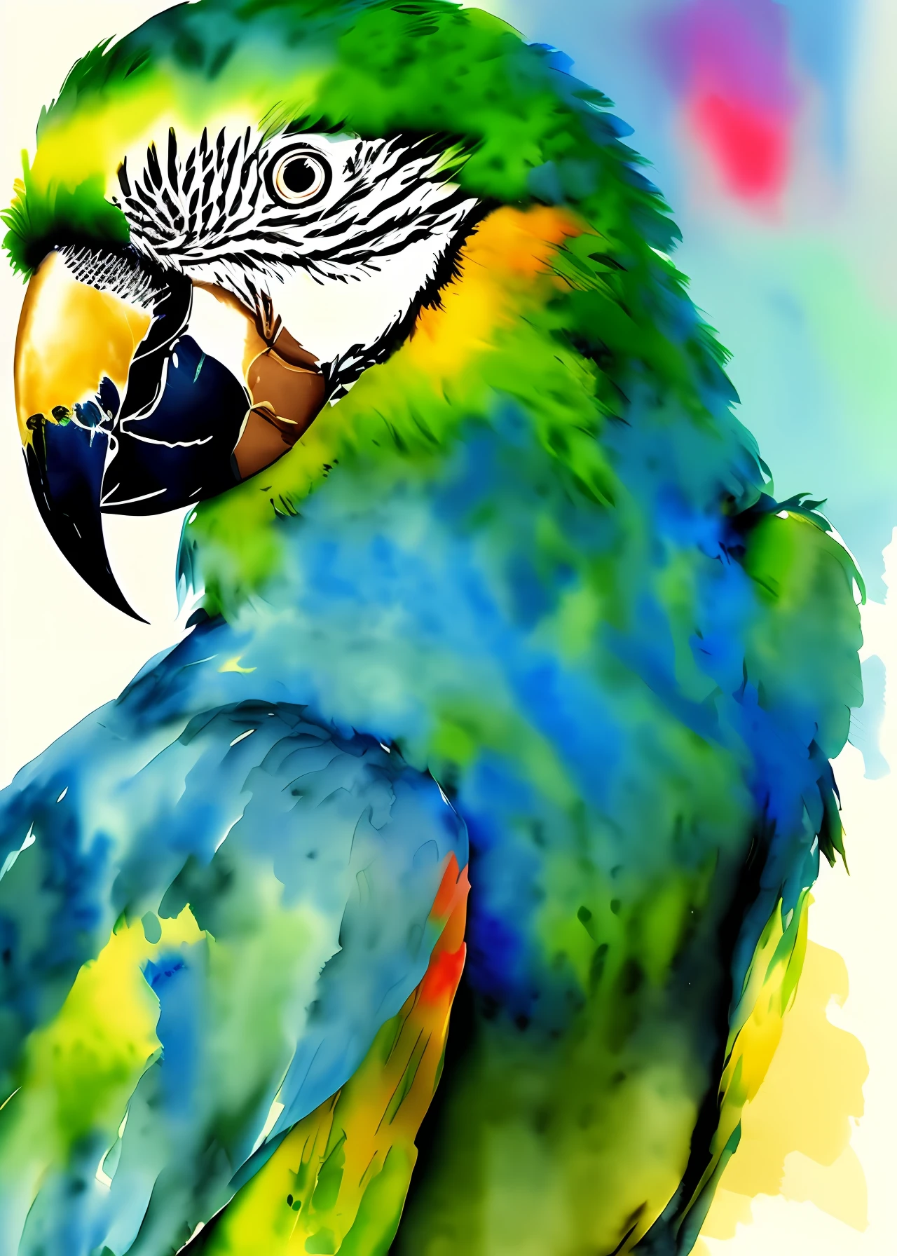 Green parrot, watercolor art, vivid colors, masterpiece, splash colors