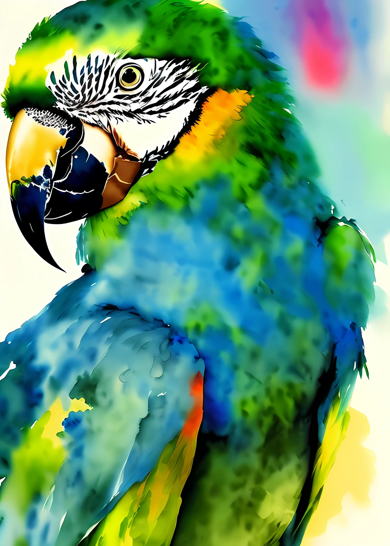Green parrot, watercolor art, vivid colors, masterpiece, splash colors