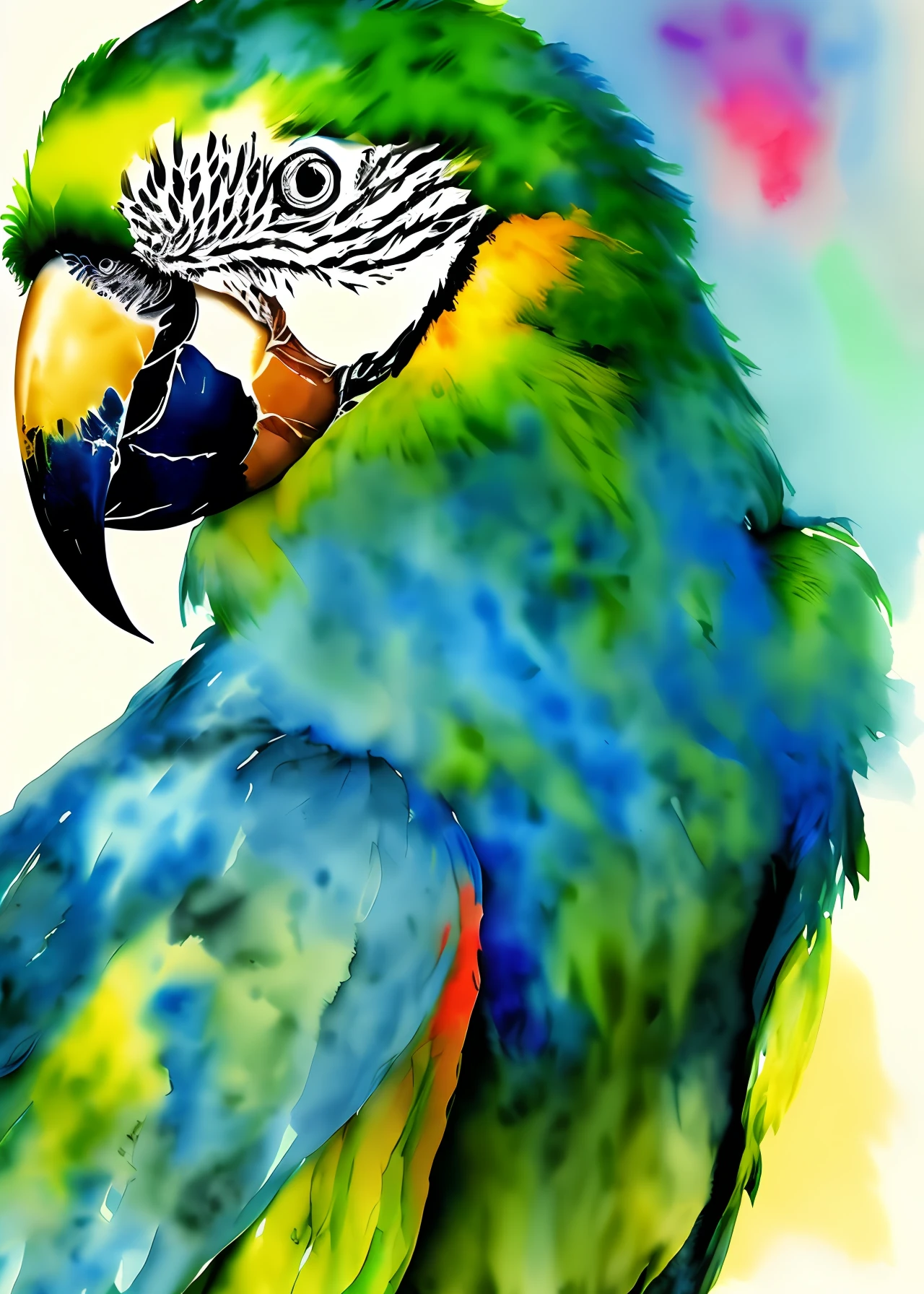 Green parrot, watercolor art, vivid colors, masterpiece, splash colors