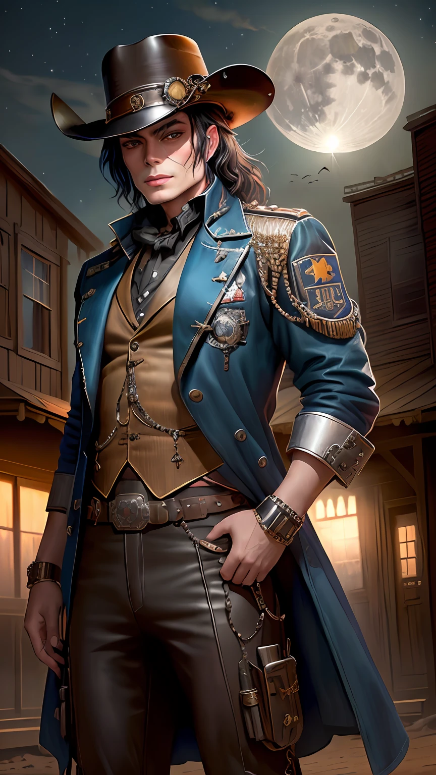 Dieselpunk style, Michael Jackson with 19th century American cowboy outfits, masterpiece, magnificent art, intricate details, cinematic, best quality, old west ghost town background, full moon night, -
