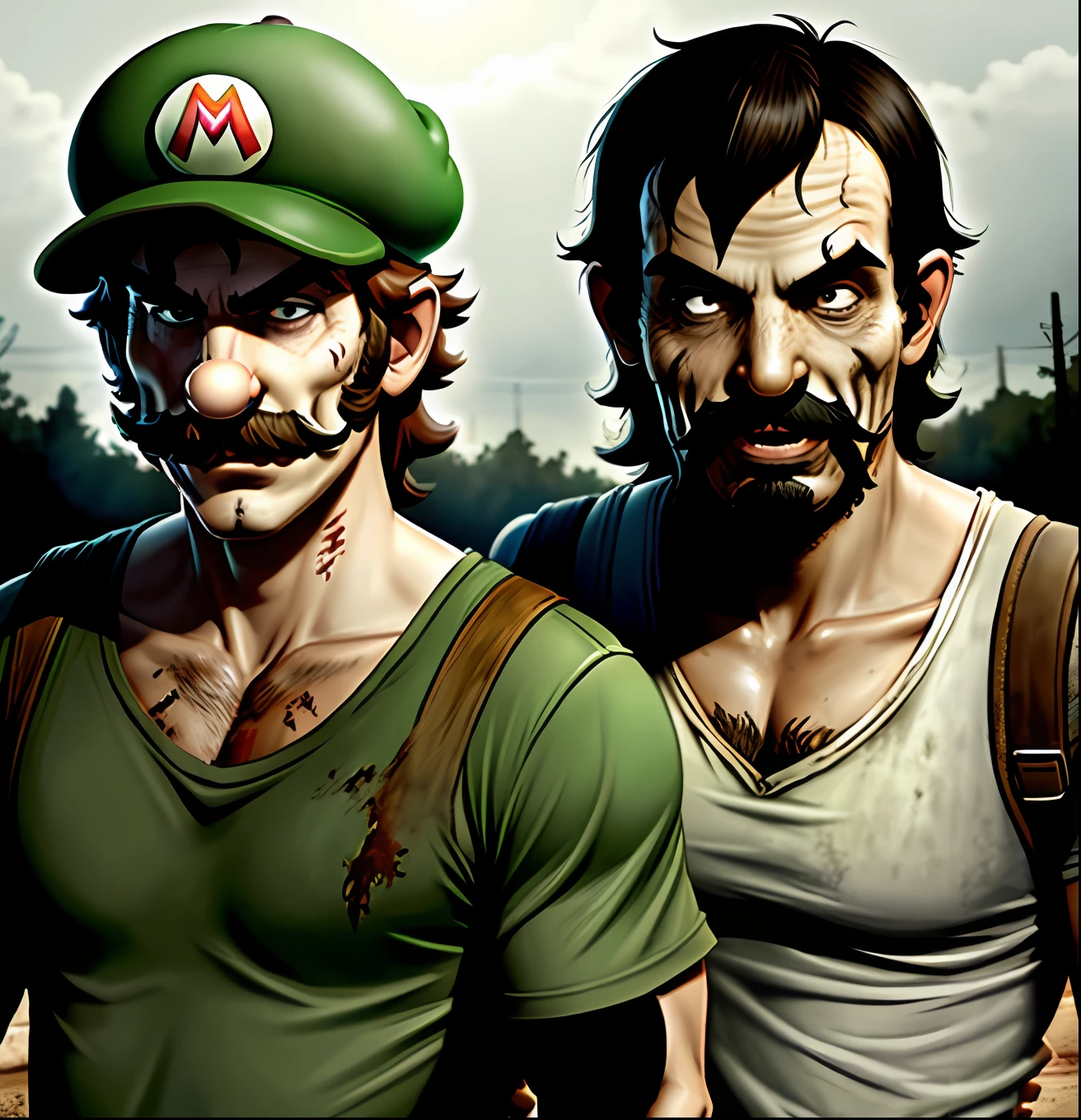 Mario e Luigi em The Walking Dead, good resolution, no duplication of elements and characters, realistic elements